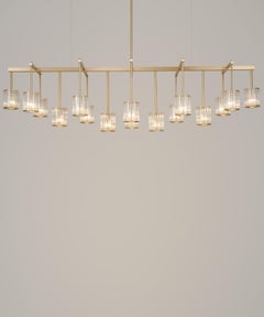 Flute Beam Chandelier with 16 Arms in Brushed Brass and Clear Glass by Tom Kirk