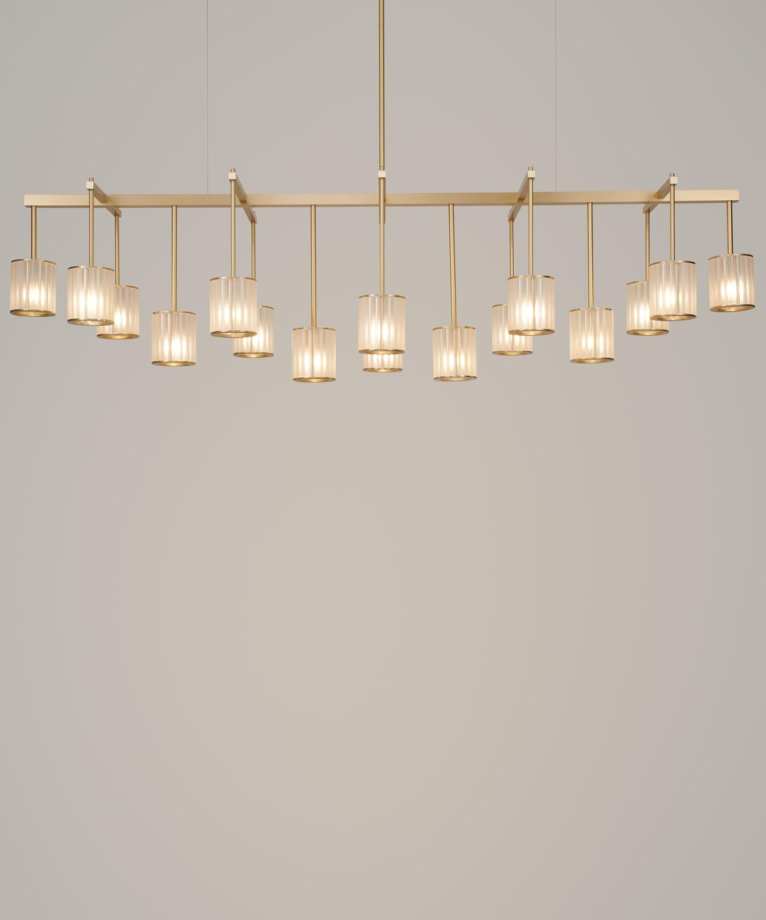 Flute Beam Chandelier with 16 Arms in Brushed Brass and Clear Glass Diffusers For Sale 1