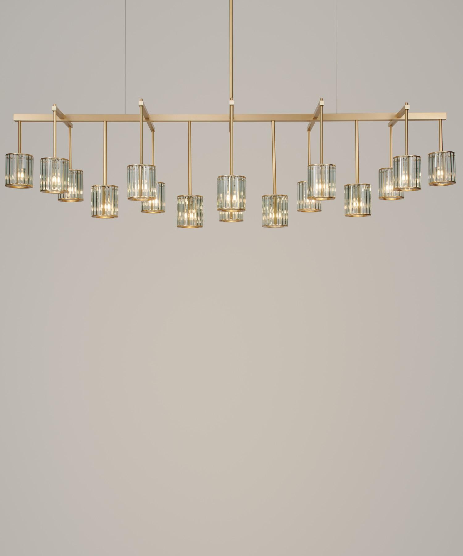 Flute Beam Chandelier with 16 Arms in Brushed Brass and Clear Glass Diffusers For Sale 4