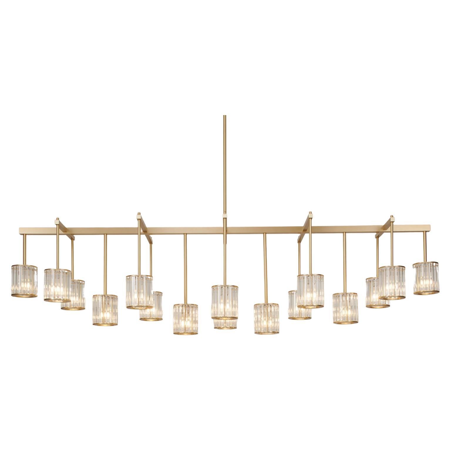 Flute Beam Chandelier with 16 Arms in Brushed Brass and Clear Glass Diffusers For Sale