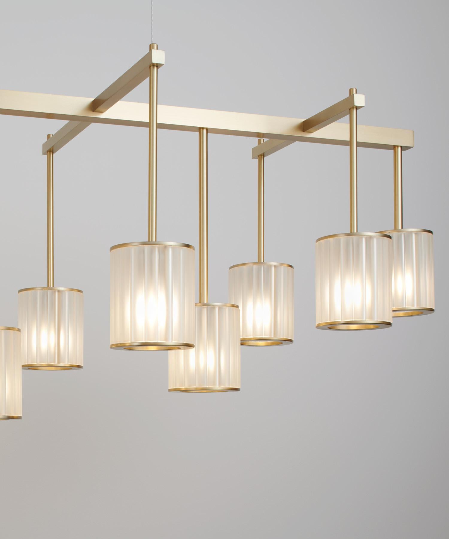 British Flute Beam Chandelier with 16 Arms in Brushed Brass and Frosted Glass Diffusers For Sale