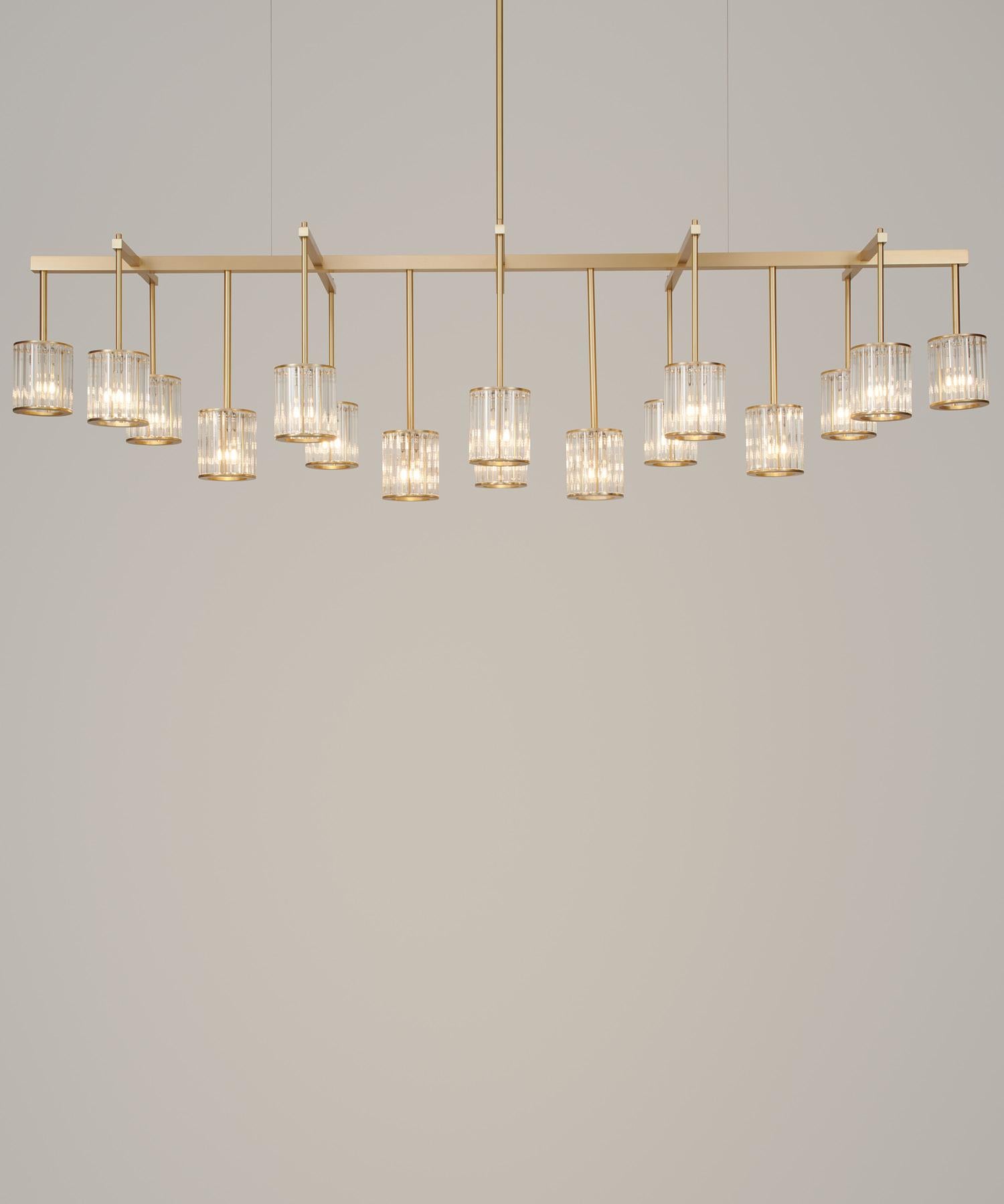 Flute Beam Chandelier with 16 Arms in Brushed Brass and Frosted Glass Diffusers For Sale 3