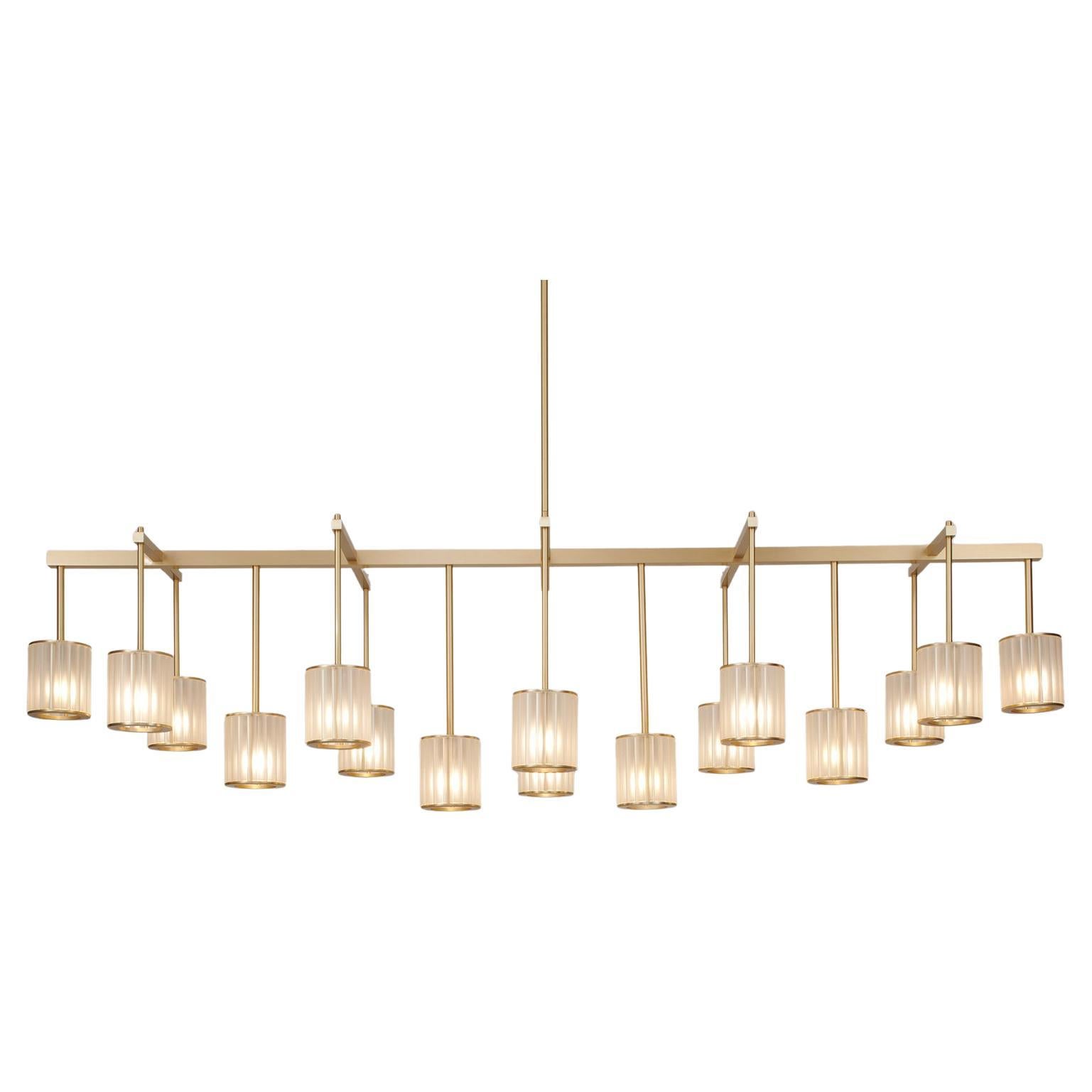 Flute Beam Chandelier with 16 Arms in Brushed Brass and Frosted Glass Diffusers For Sale