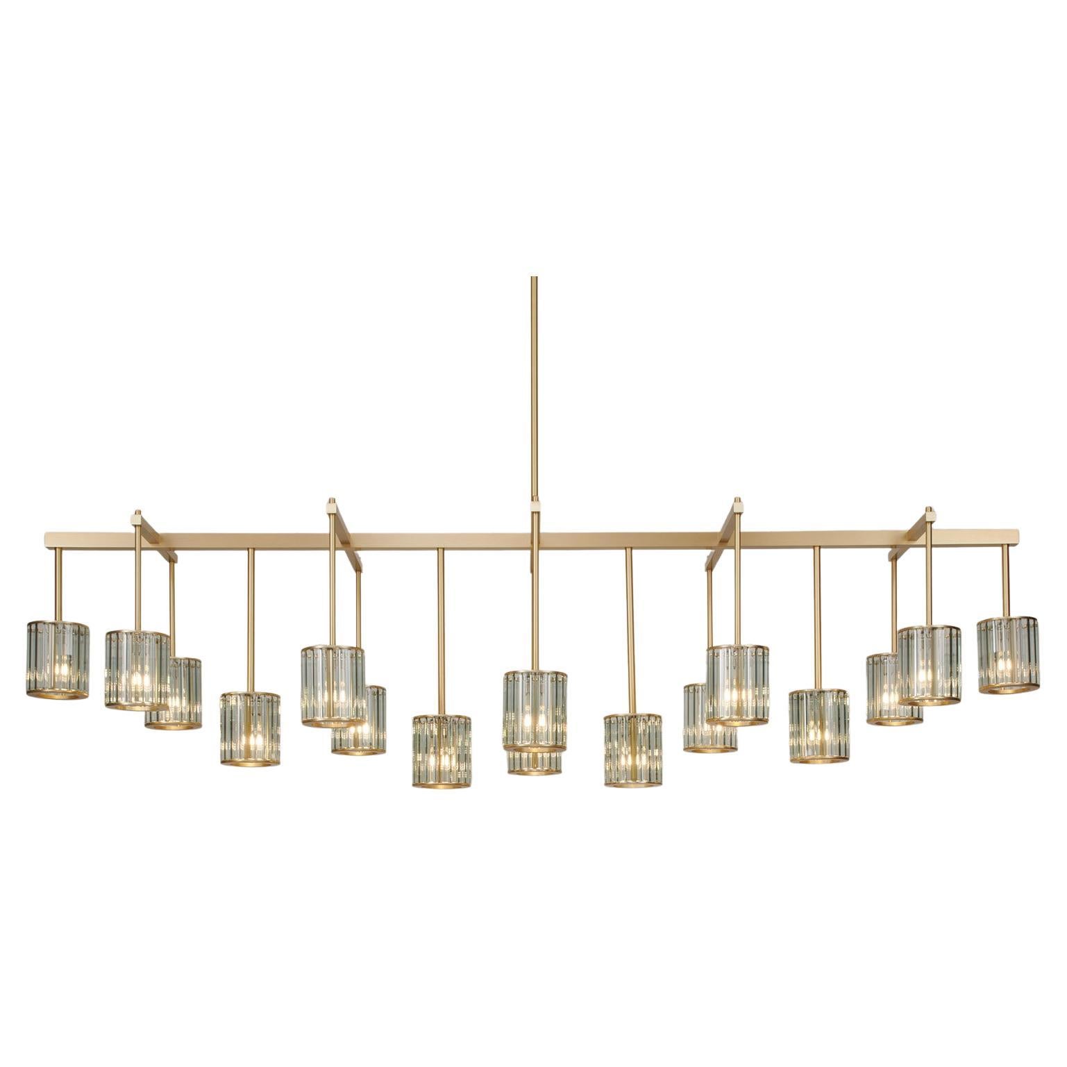 Flute Beam Chandelier with 16 Arms in Brushed Brass and Smoke Glass Diffusers  For Sale