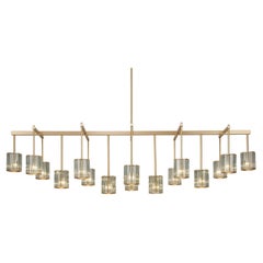 Flute Beam Chandelier with 16 Arms in Brushed Brass and Smoke Glass Diffusers 
