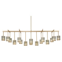 Flute Beam Chandelier with 16 Arms in Brushed Brass and Smoke Glass Diffusers