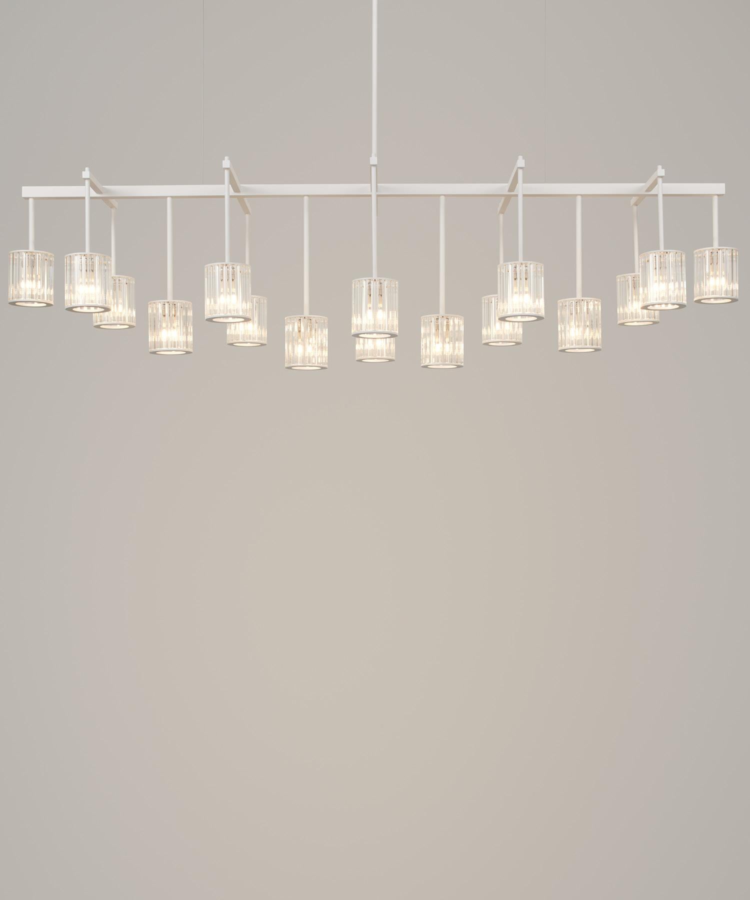 British Flute Beam Chandelier with 16 Arms in Powdercoat with Frosted Glass Diffusers