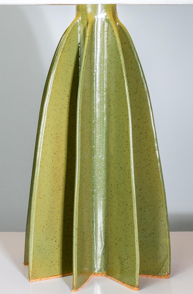 Flute Narrow Shade Ceramic Table Lamp, Green Satin Glaze, by Kalin Asenov For Sale 3