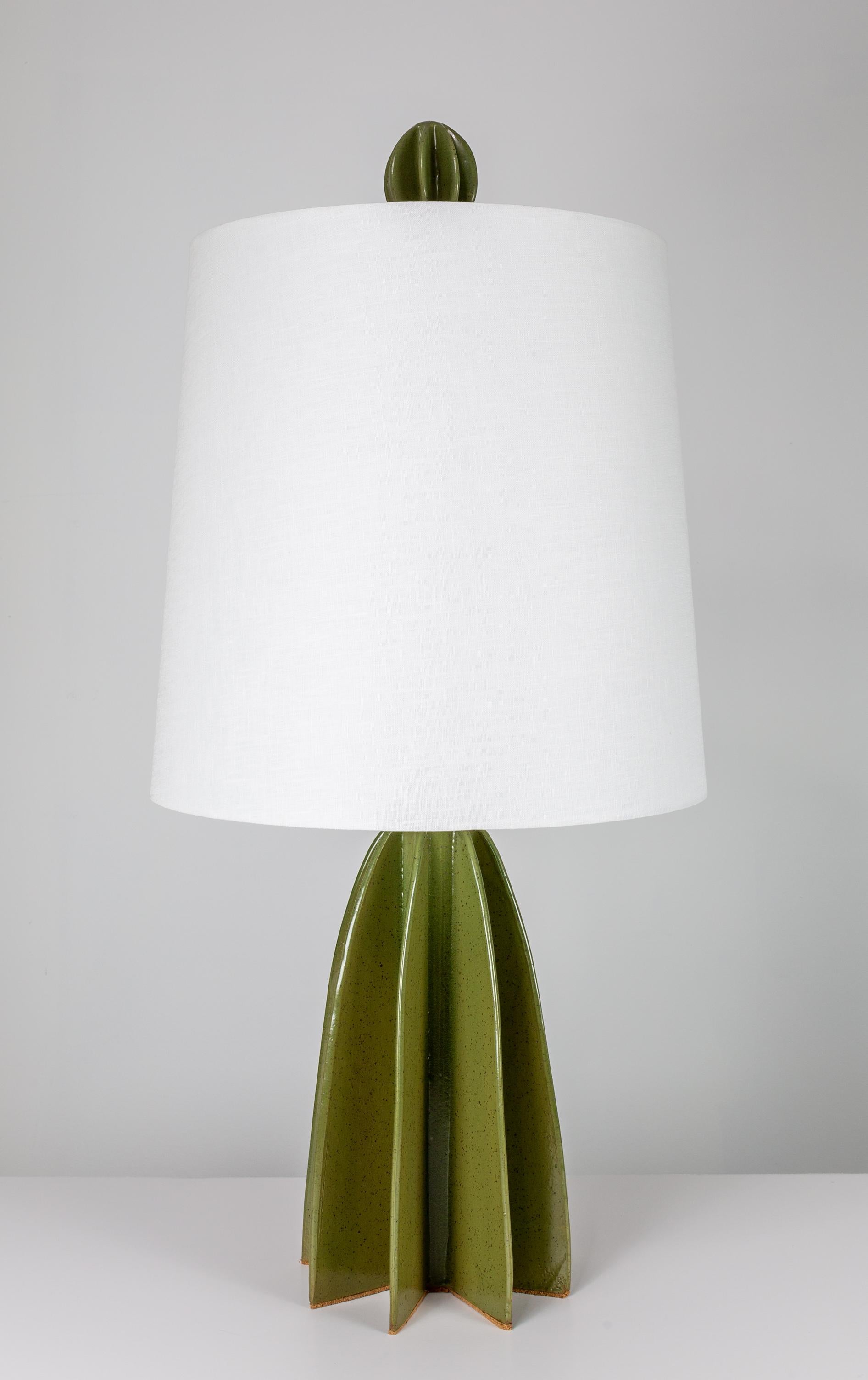 Flute Narrow Shade Ceramic Table Lamp, Green Satin Glaze, by Kalin Asenov For Sale 4