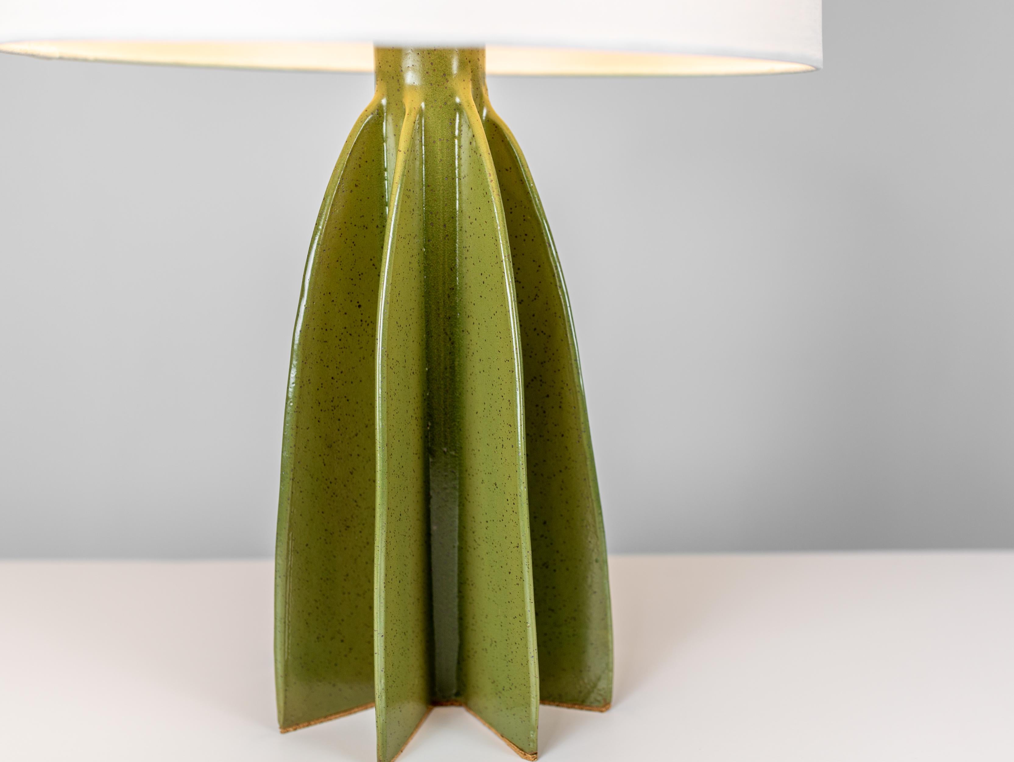 Flute Narrow Shade Ceramic Table Lamp, Green Satin Glaze, by Kalin Asenov For Sale 5