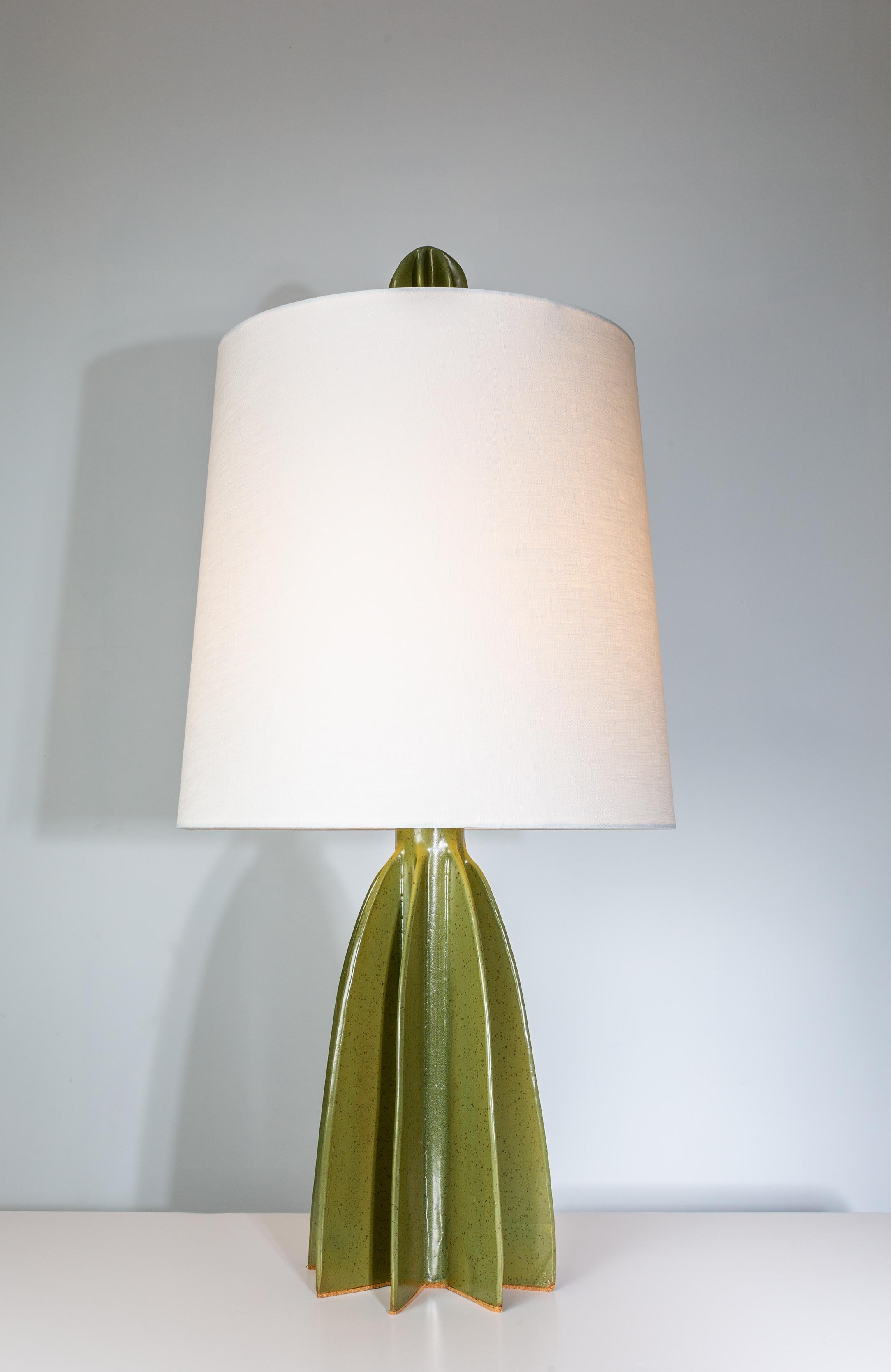 American Flute Narrow Shade Ceramic Table Lamp, Green Satin Glaze, by Kalin Asenov For Sale
