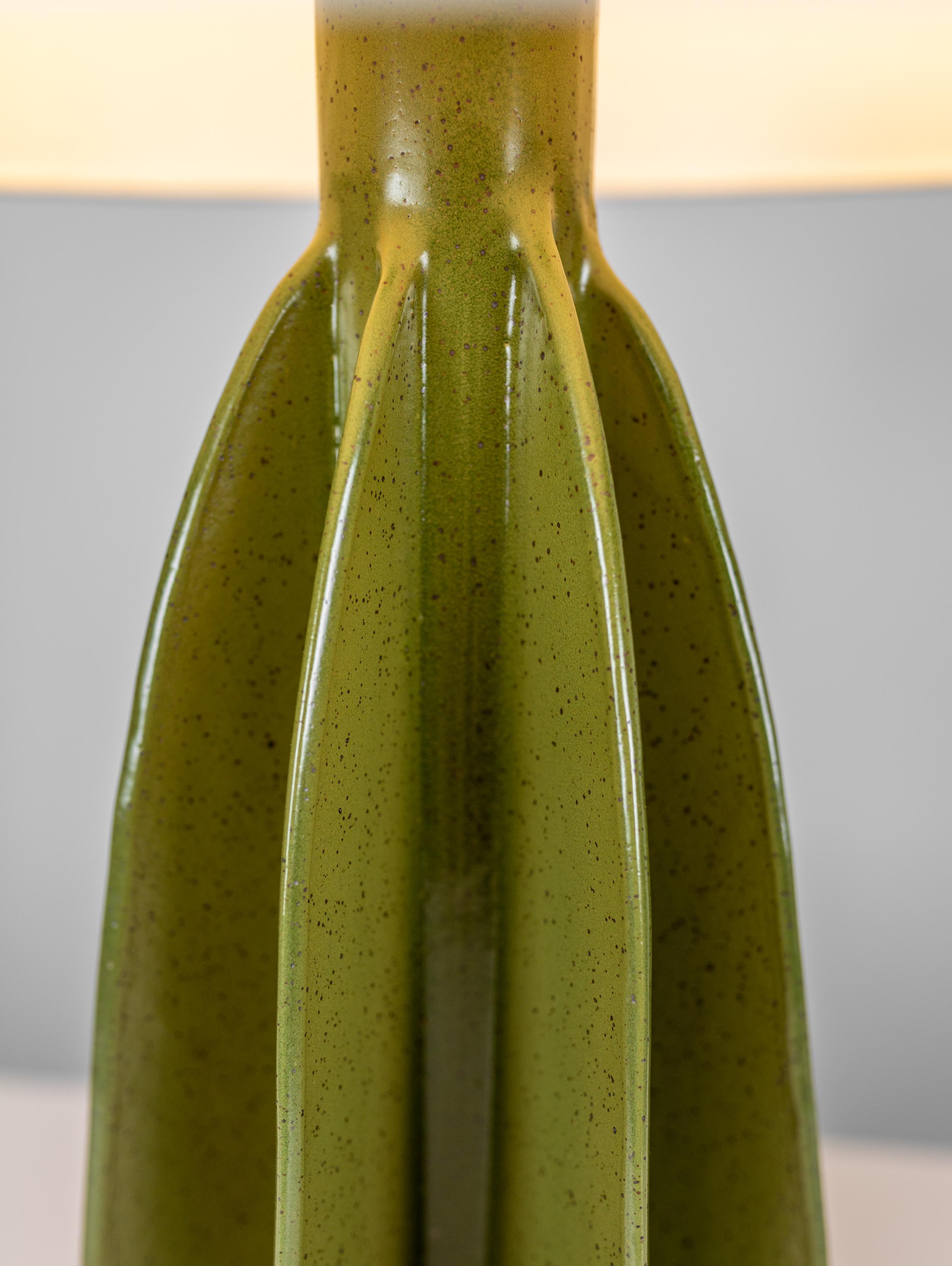 Contemporary Flute Narrow Shade Ceramic Table Lamp, Green Satin Glaze, by Kalin Asenov For Sale