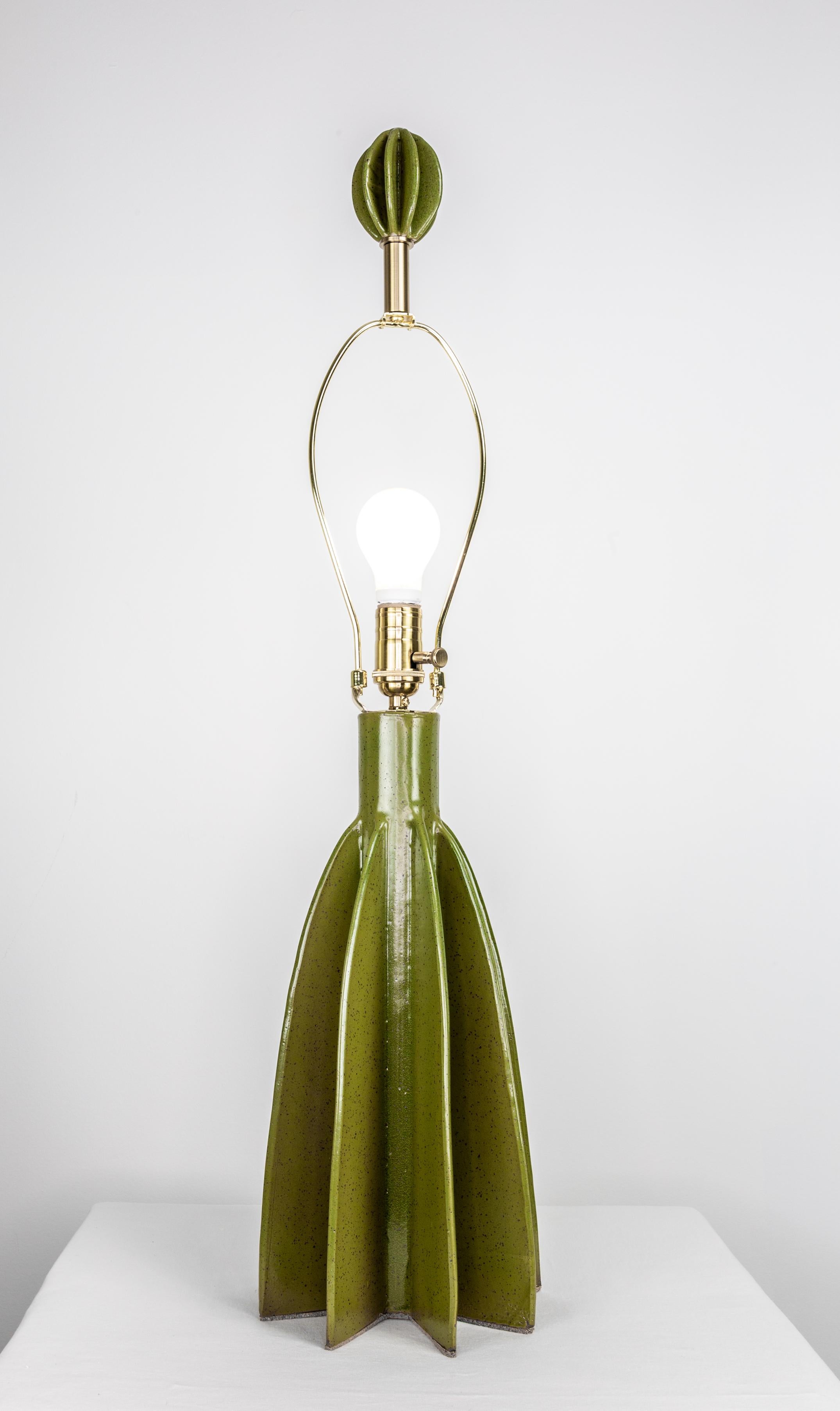 Flute Narrow Shade Ceramic Table Lamp, Green Satin Glaze, by Kalin Asenov For Sale 2