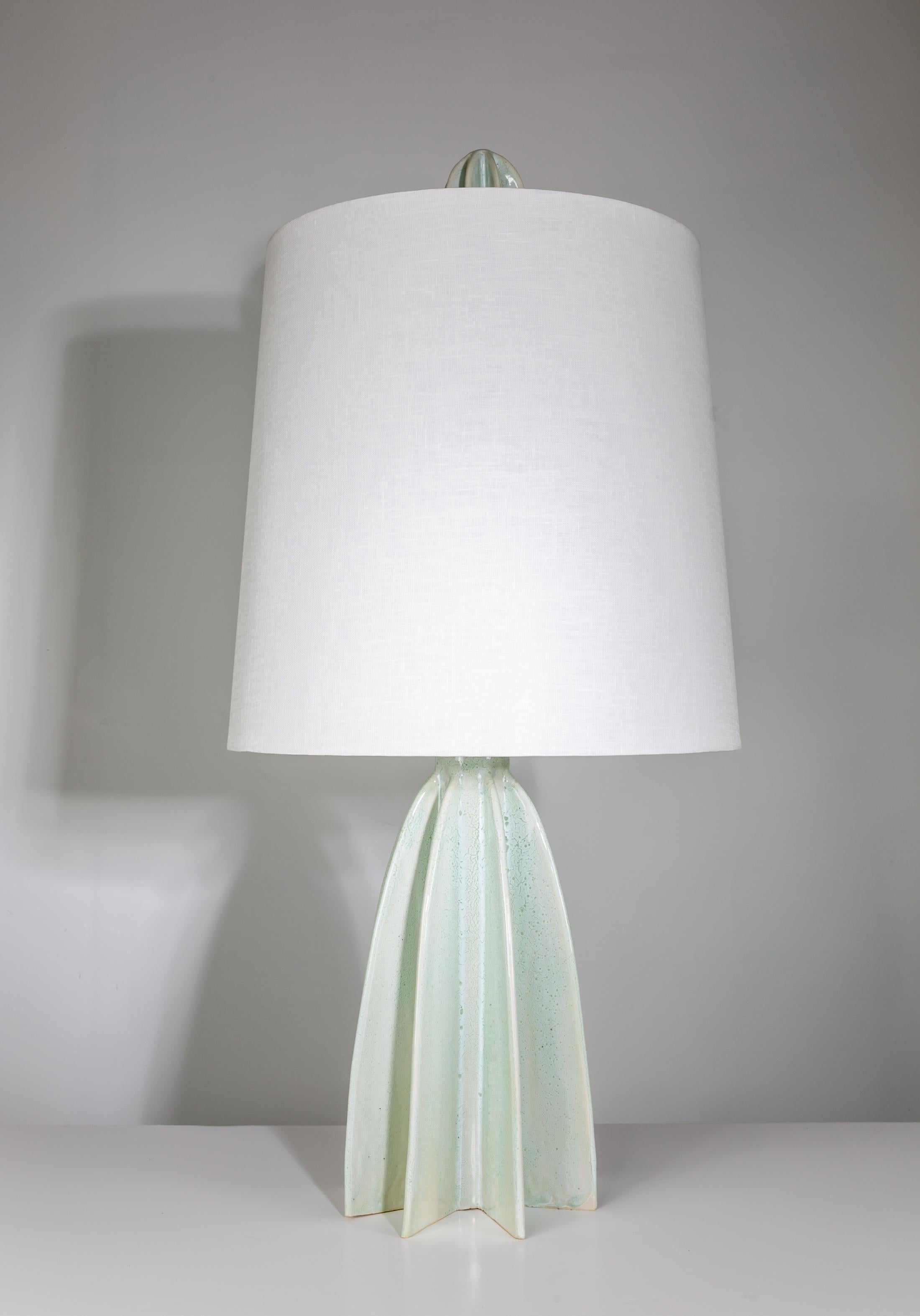 Flute Narrow Shade Ceramic Table Lamp, White Glaze Blue tones, by Kalin Asenov For Sale 4