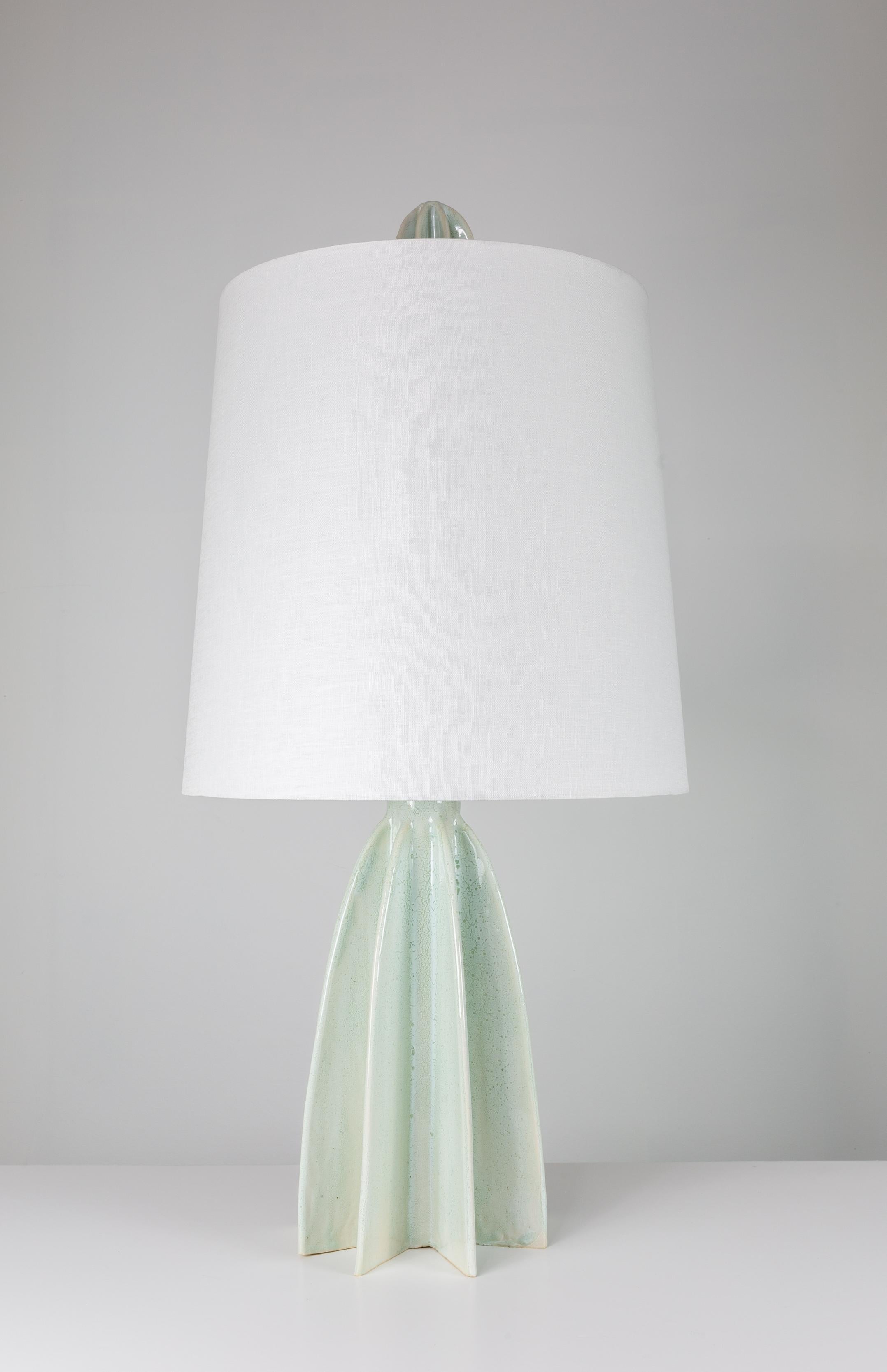 Modern Flute Narrow Shade Ceramic Table Lamp, White Glaze Blue tones, by Kalin Asenov For Sale