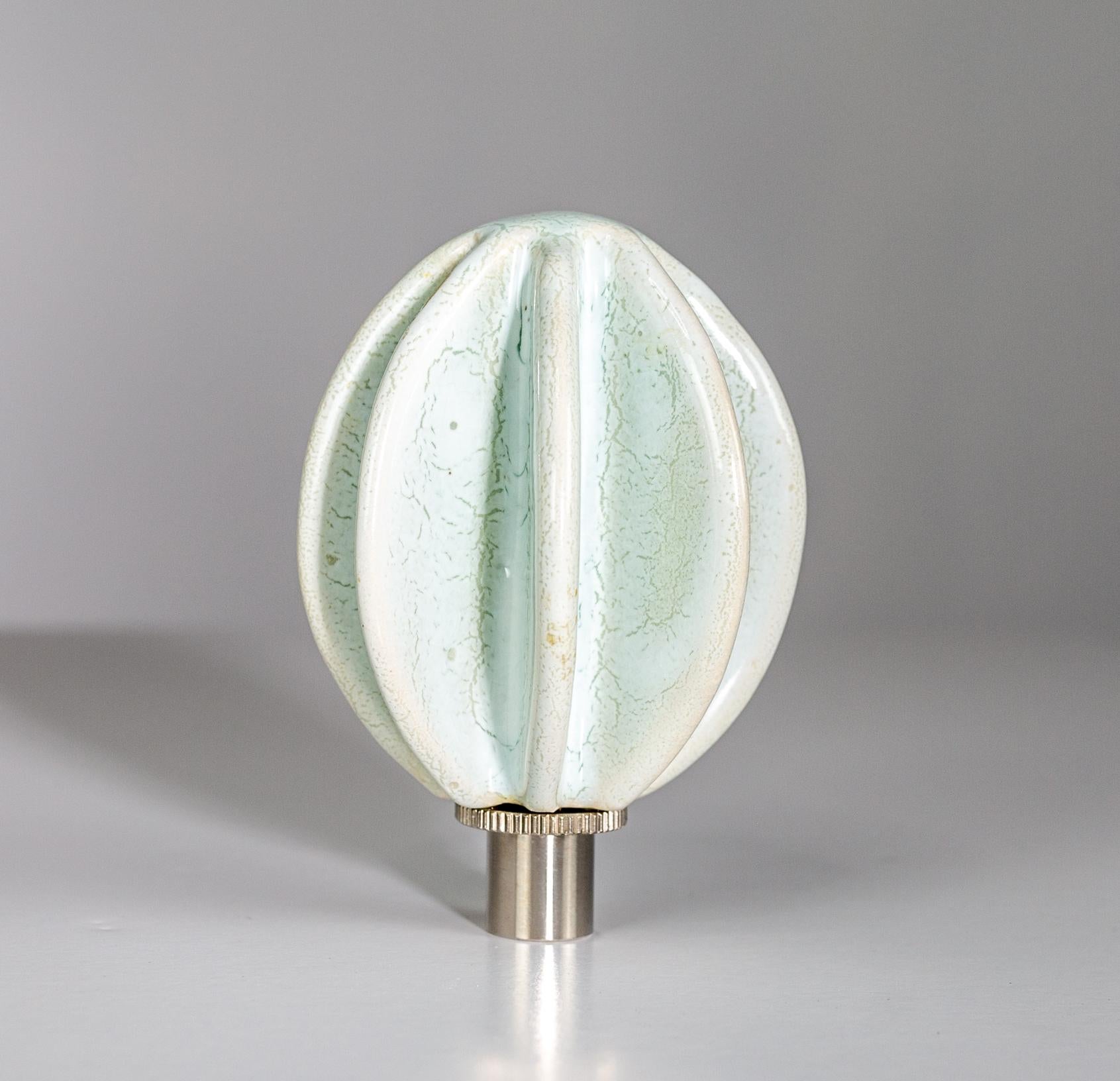 Hand-Carved Flute Narrow Shade Ceramic Table Lamp, White Glaze Blue tones, by Kalin Asenov For Sale