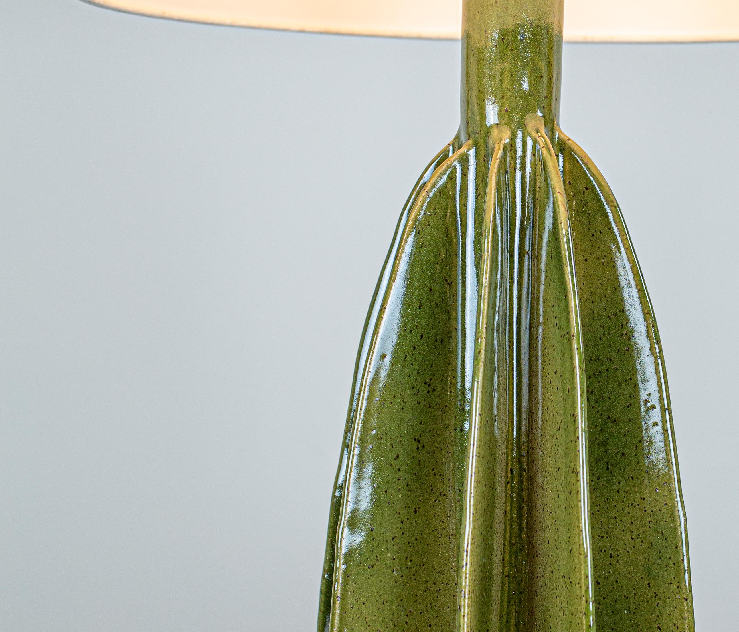 Ceramic Flute Narrow Shade Table Lamp, Green Finish, hanbuilt ceramic by Kalin Asenov For Sale