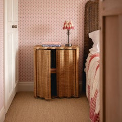 Mid-Century Style Flute Rattan Side Table with Hidden Storage - Oak Finish