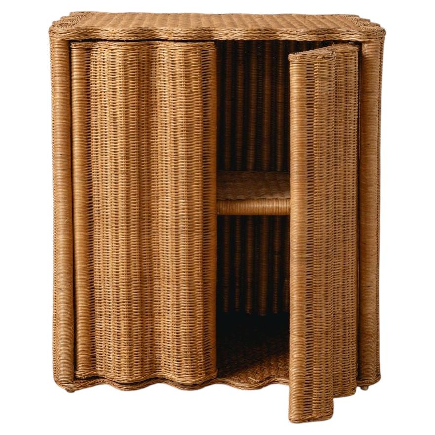 Mid-Century Style Flute Rattan Side Table with Hidden Storage - Oak Finish