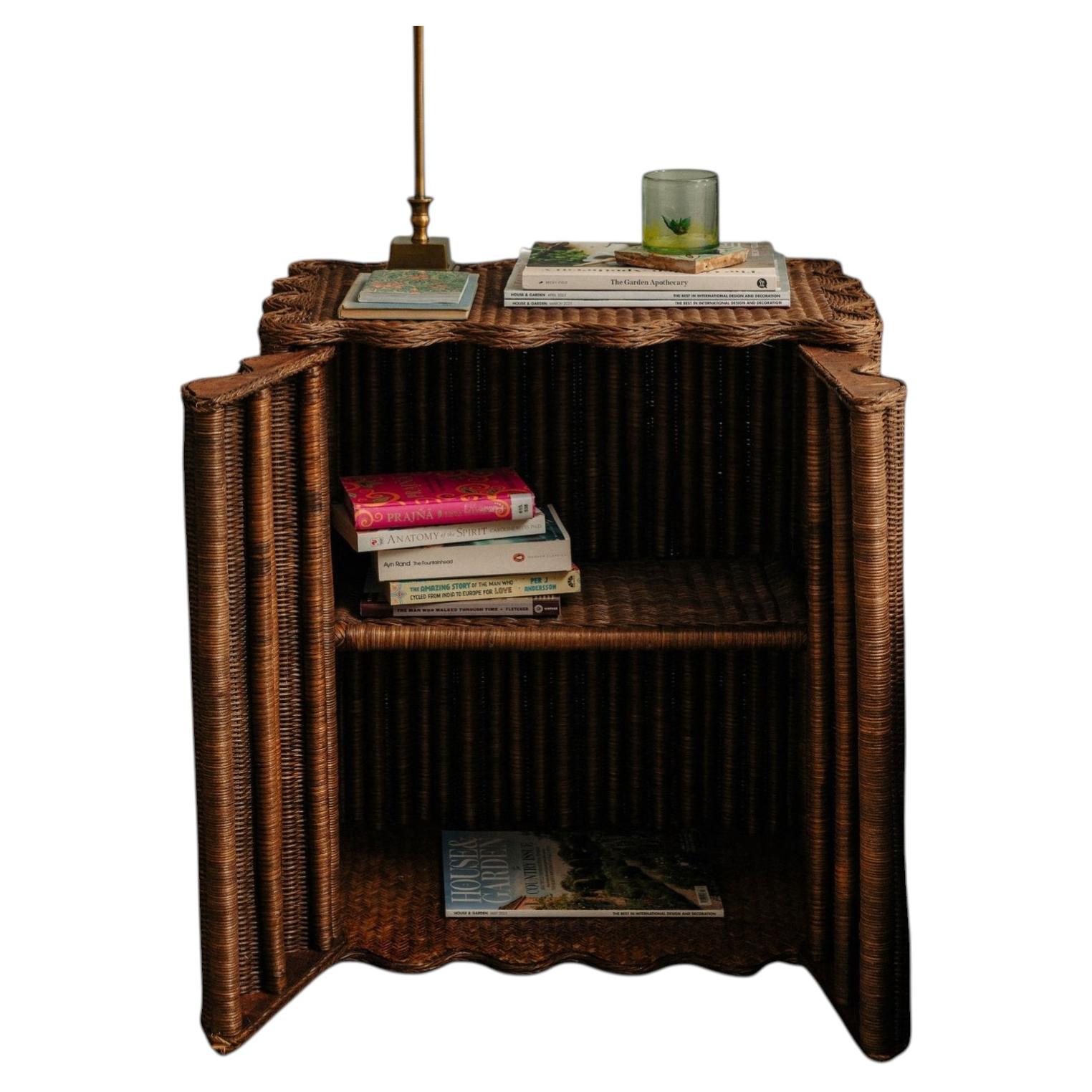 Mid-Century Style Flute Rattan Side Table with Hidden Storage - Teak Finish For Sale