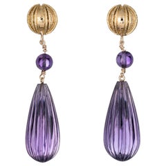 Fluted Amethyst Earrings Vintage 14 Karat Yellow Gold Drops Jewelry Screw Backs