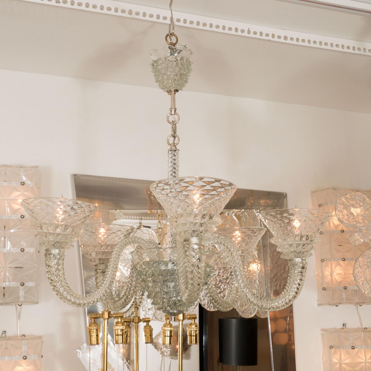 Fluted and textured Murano glass five-arm chandelier.
