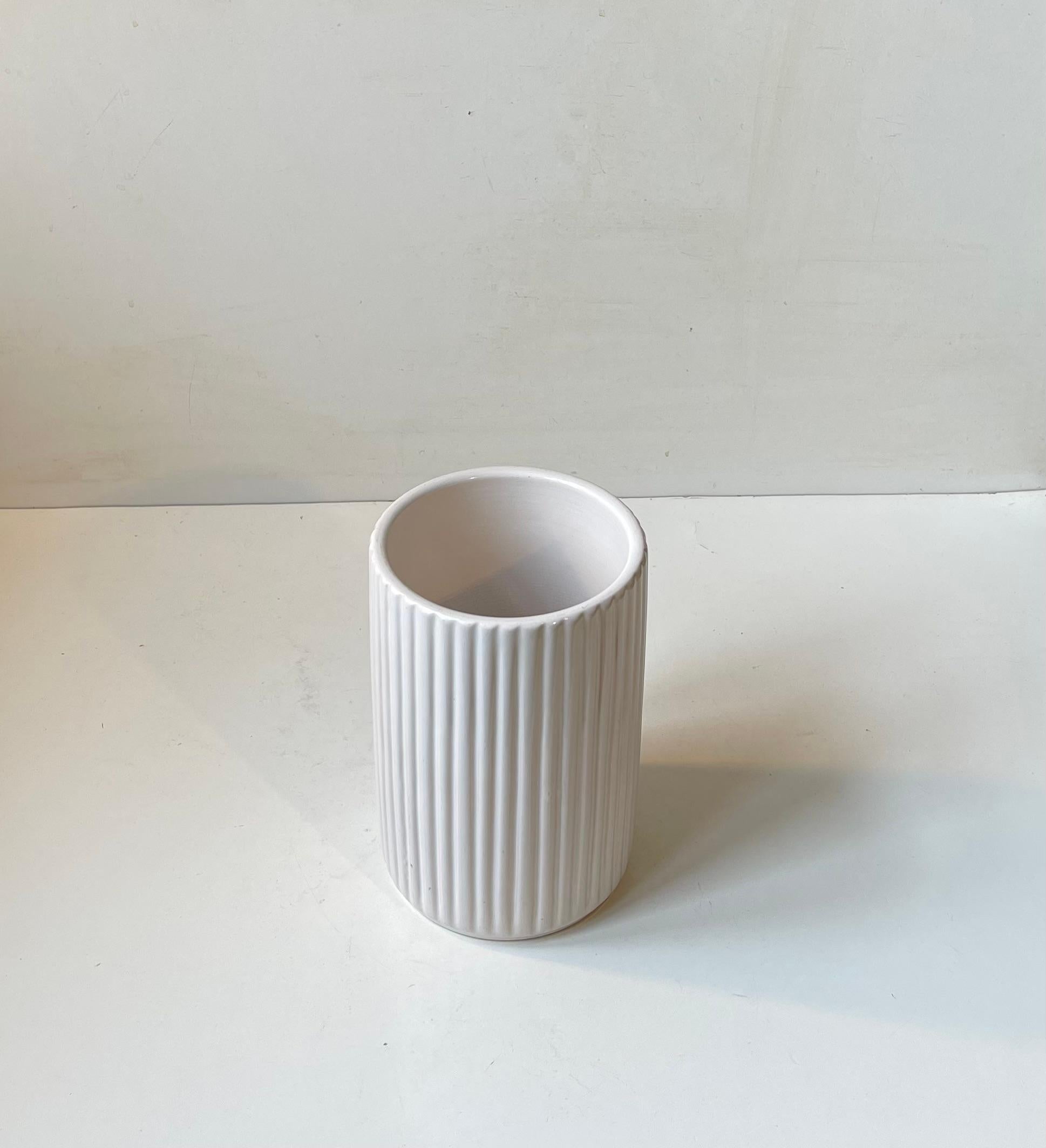 Art Deco Fluted Architectural Ceramic Vase in White Glaze by L. Hjorth, 1940s For Sale