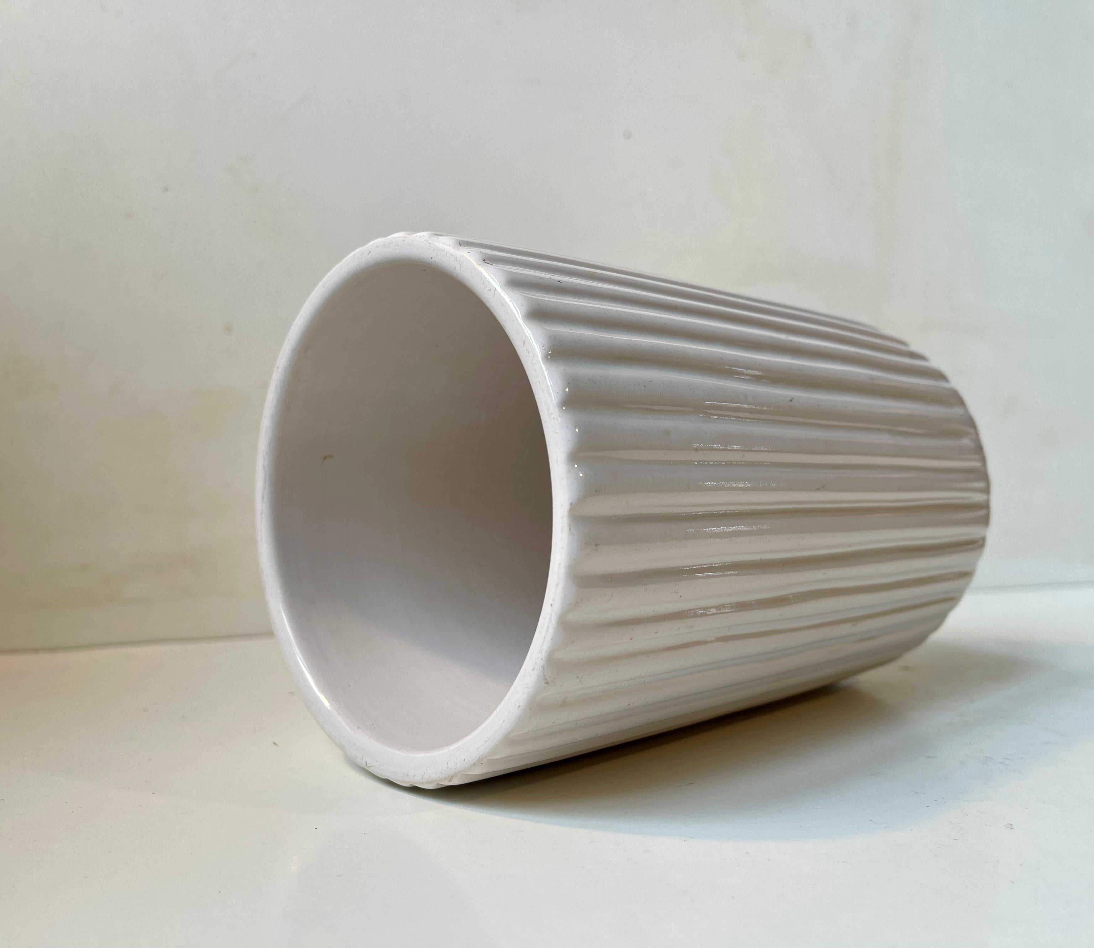 Danish Fluted Architectural Ceramic Vase in White Glaze by L. Hjorth, 1940s For Sale