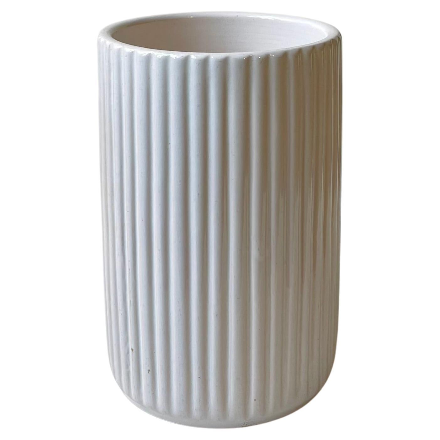 Fluted Architectural Ceramic Vase in White Glaze by L. Hjorth, 1940s For Sale