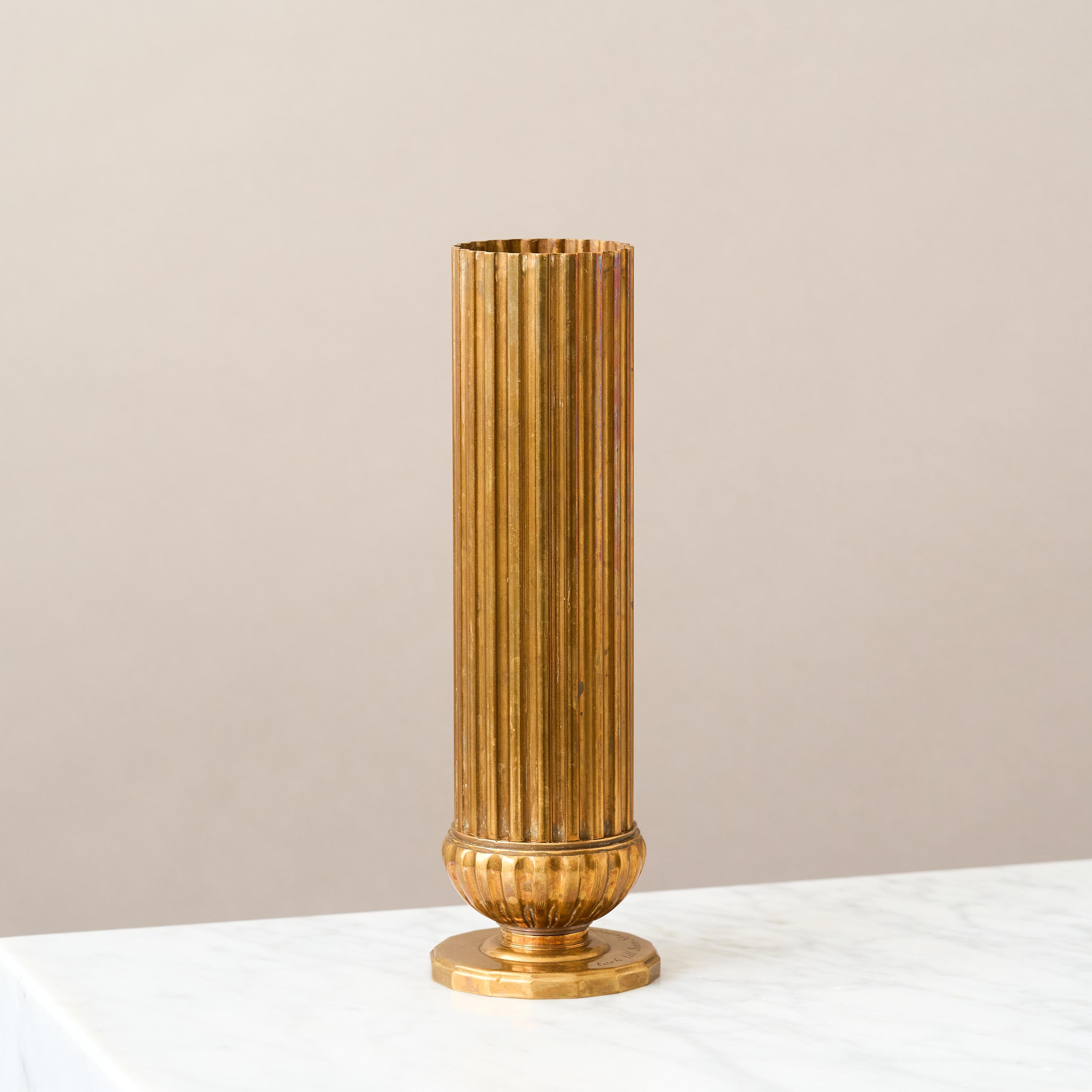 Scandinavian Modern Fluted Art Deco Bronze Vase by SVM Handarbete, Sweden, 1930s. For Sale