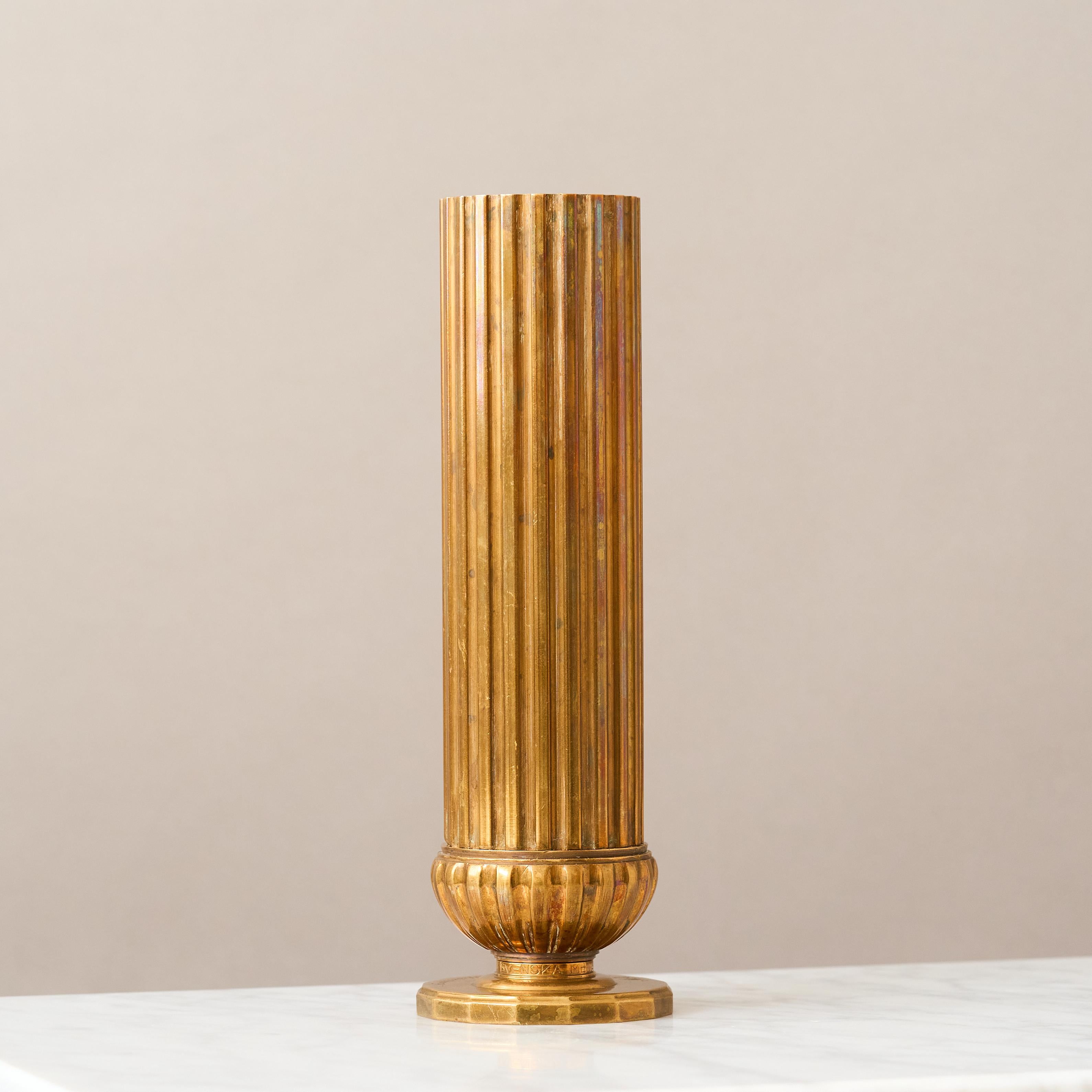 Mid-20th Century Fluted Art Deco Bronze Vase by SVM Handarbete, Sweden, 1930s. For Sale