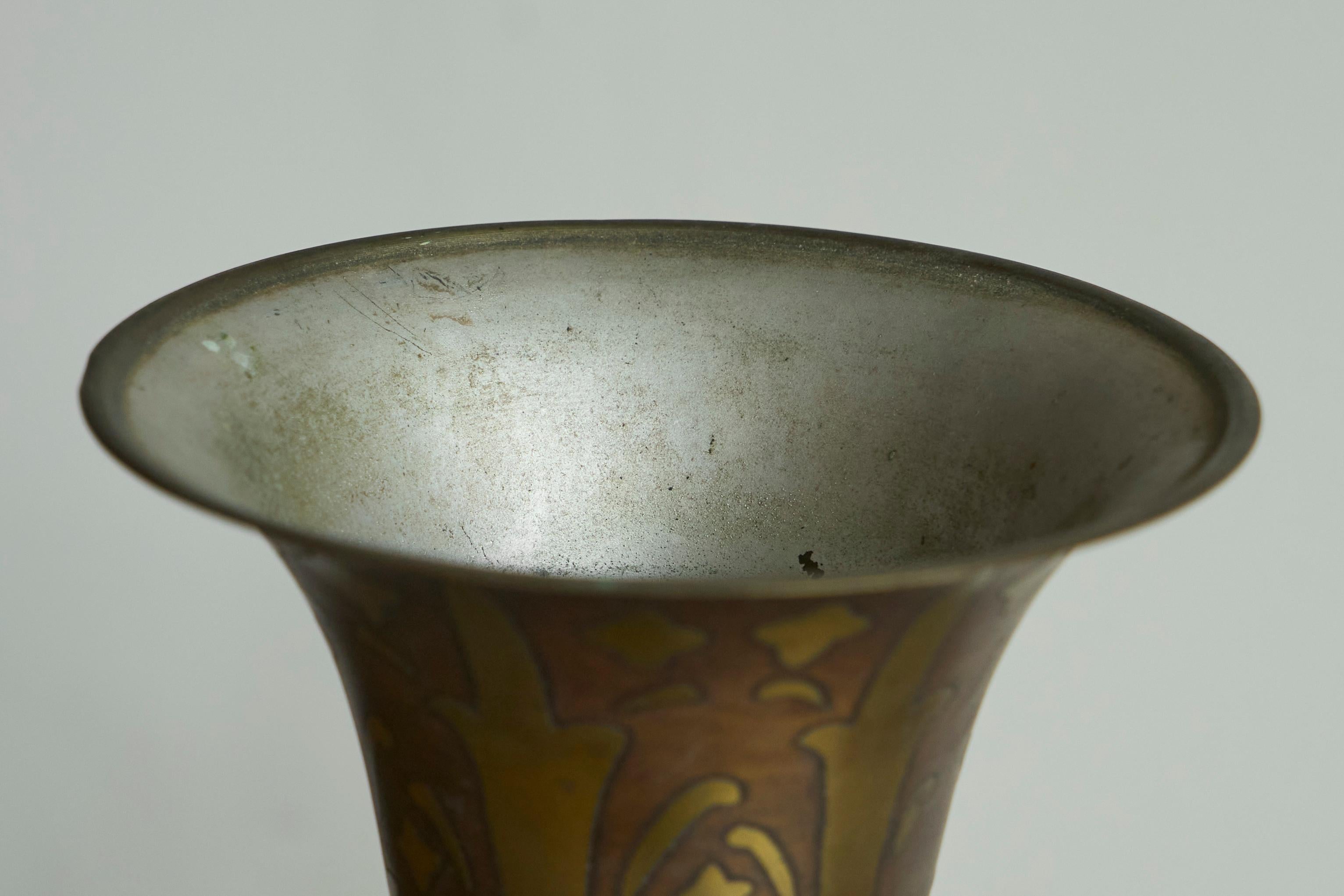 Fluted Art Deco Vase in Patinated Metal and Brass 1930s For Sale 2
