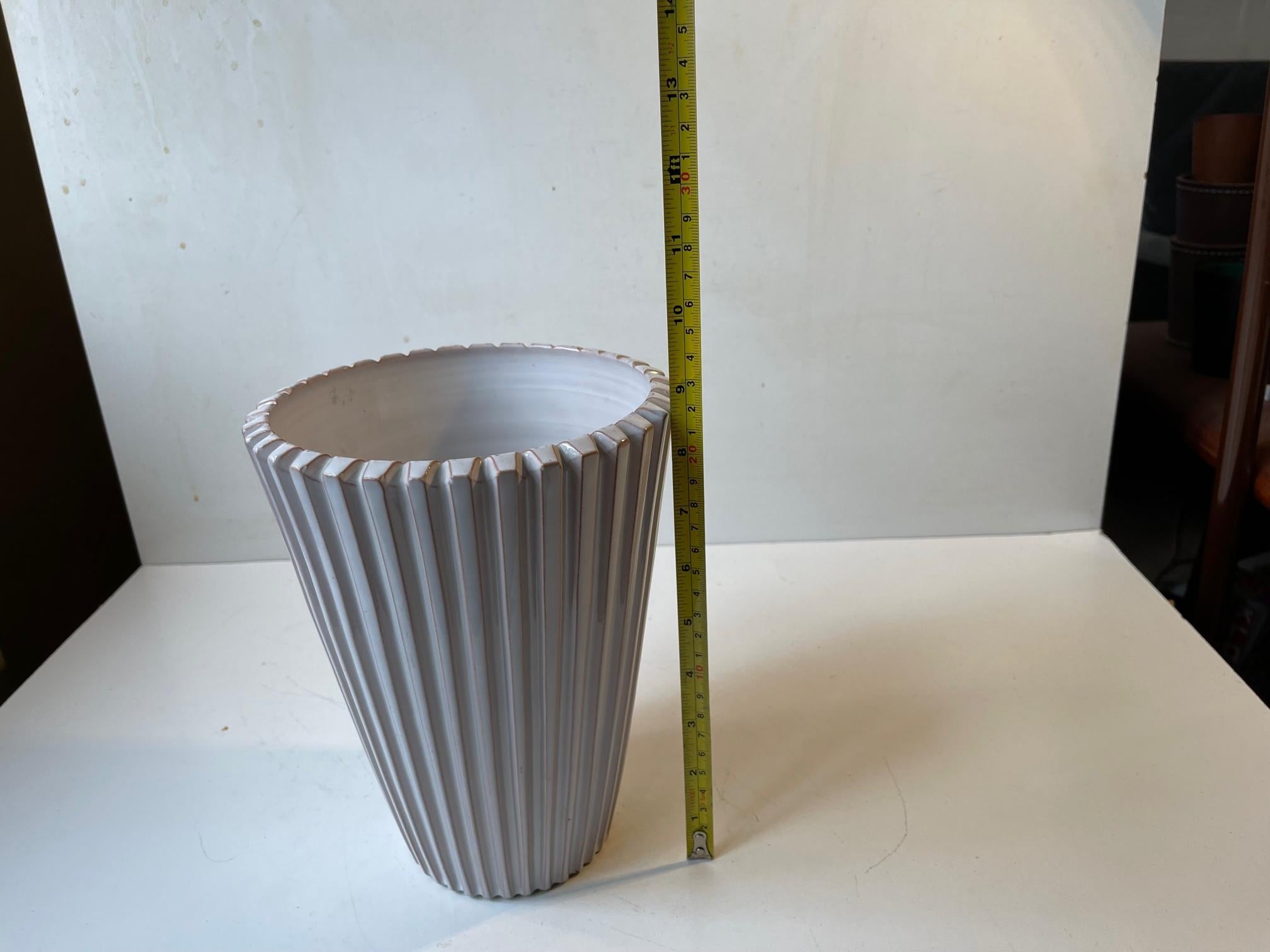 Ceramic Fluted Art Deco Vase in White Glaze from Eslau, Denmark 1950s For Sale