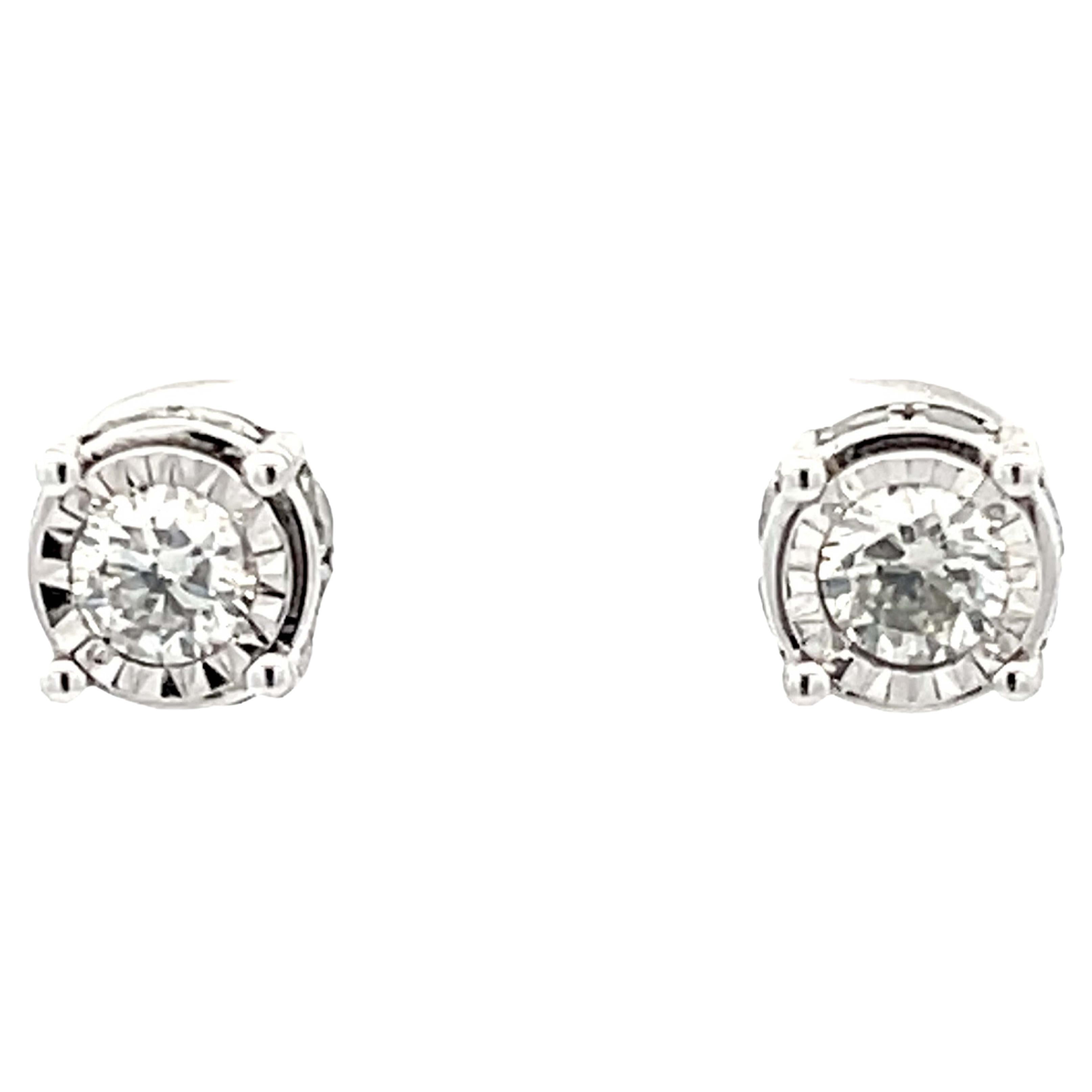 Fluted Bezel Diamond Stud Earrings in 14k White Gold For Sale
