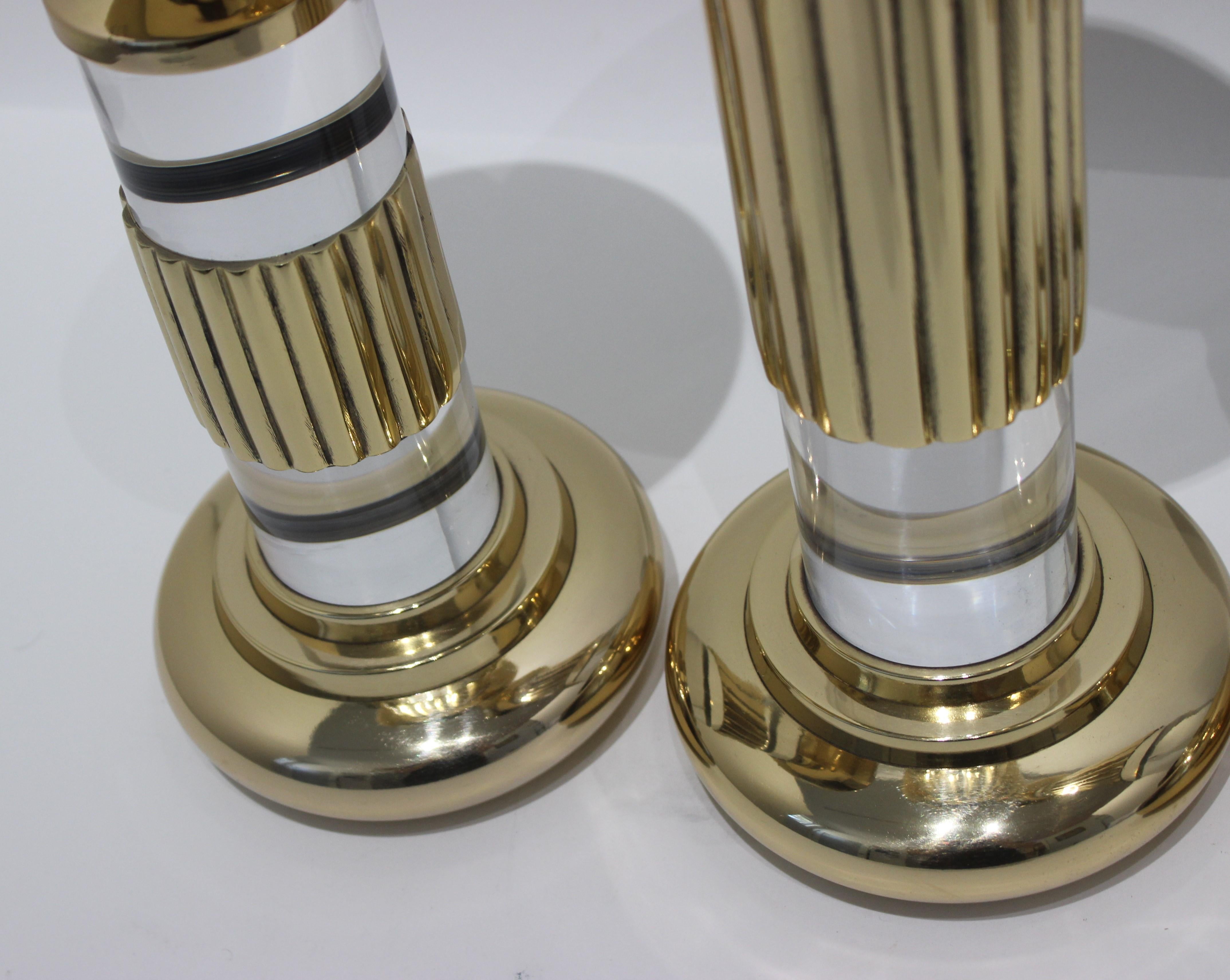 American Fluted Brass and Lucite Candlesticks by Dolbi Cashier