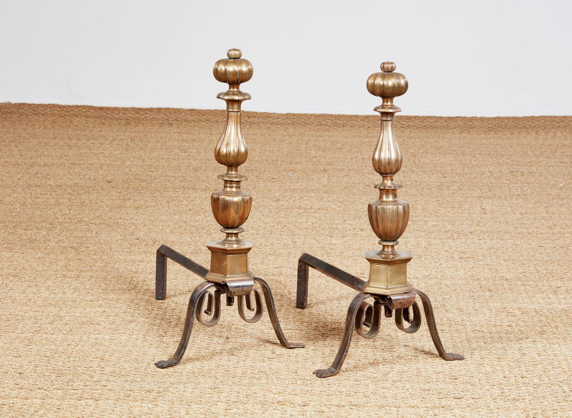 19th Century Fluted Bronze Andirons For Sale