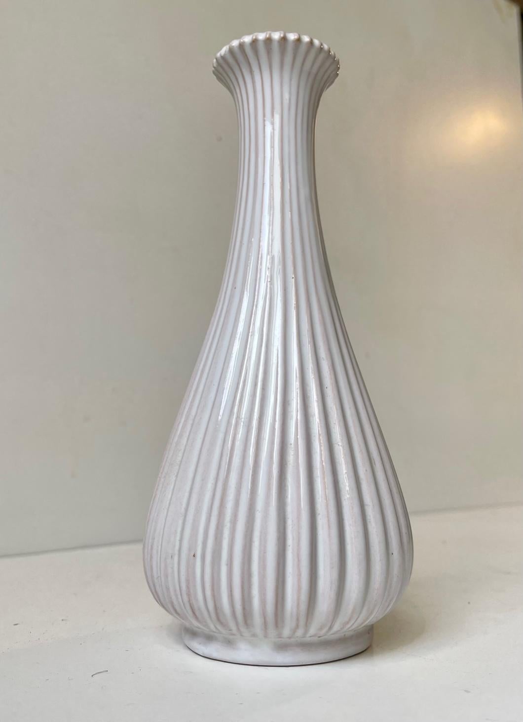 Danish Fluted Ceramic Vase in White Glaze from Eslau, 1950s