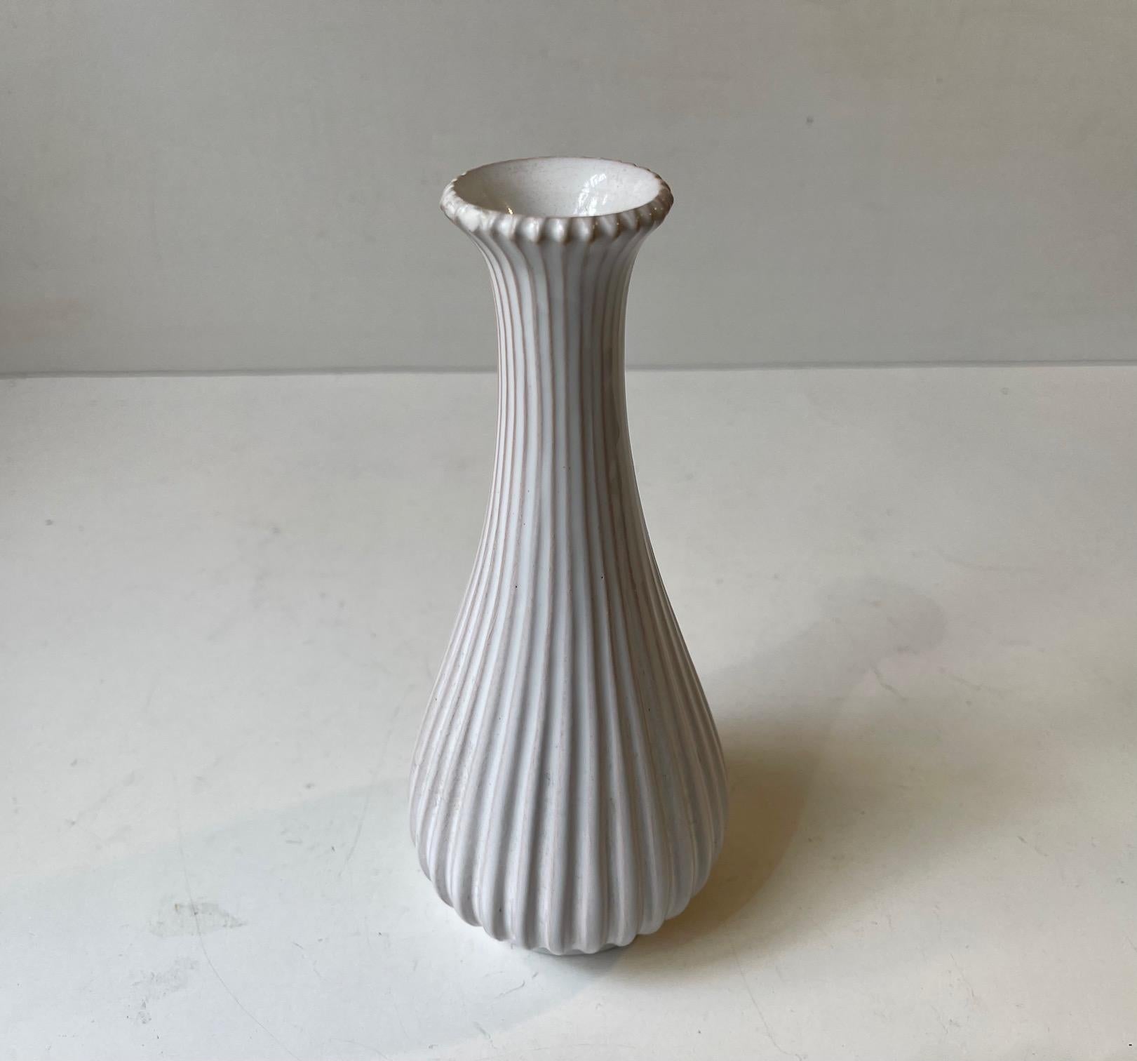 Glazed Fluted Ceramic Vase in White Glaze from Eslau, 1950s