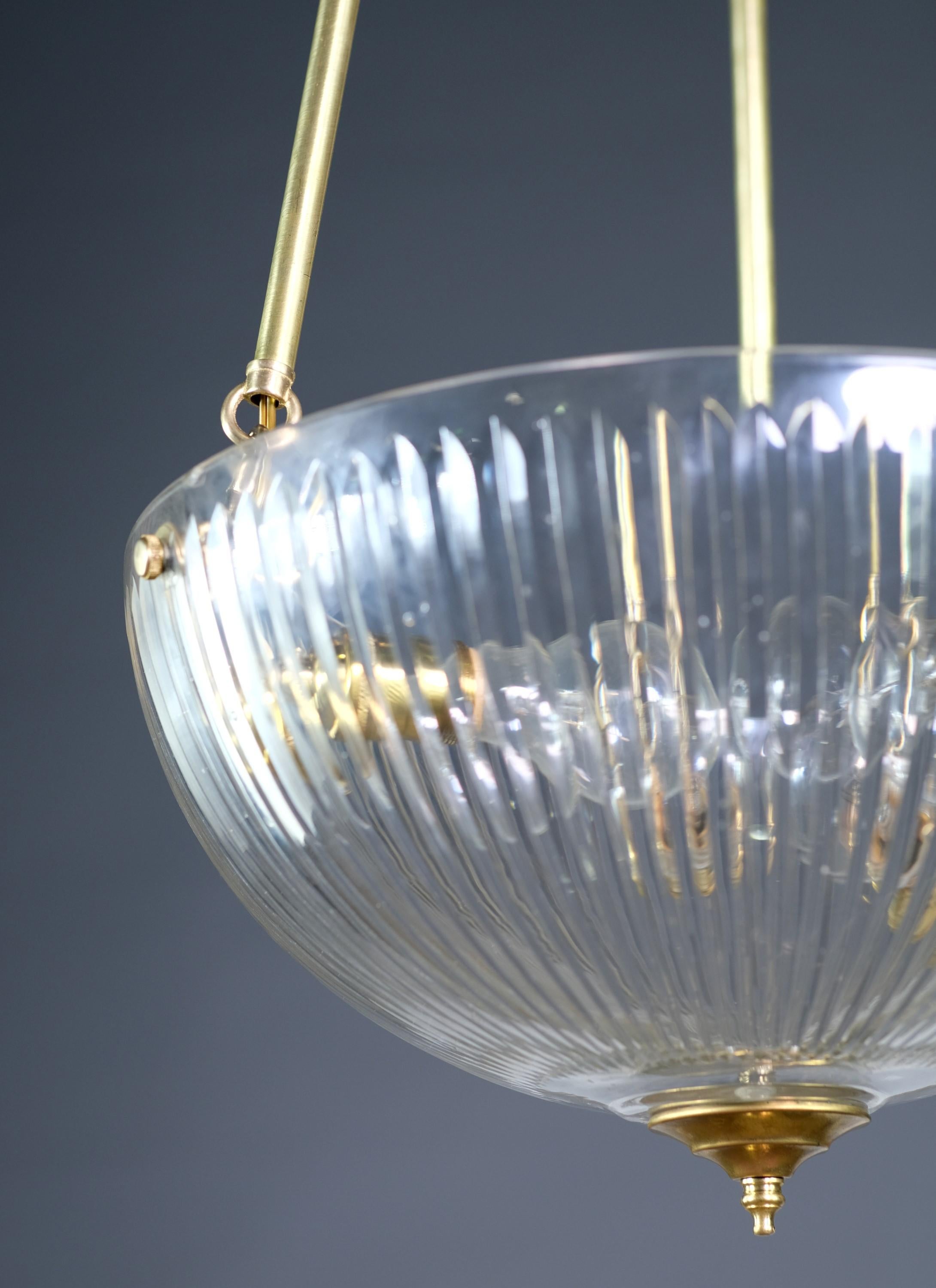 Modern Fluted Clear Glass Dish Brass Pendant Light Qty Available