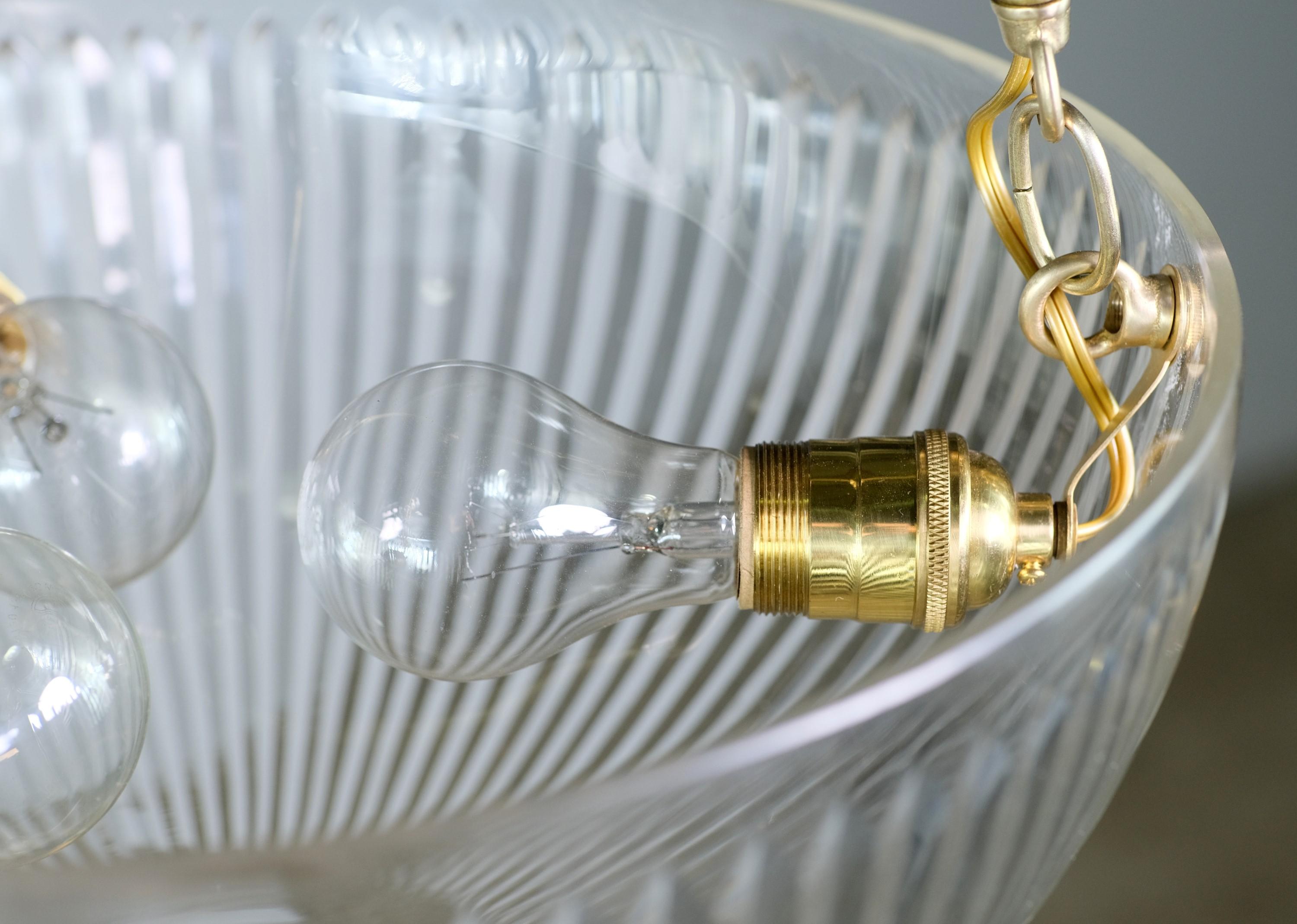 Contemporary Fluted Clear Glass Dish Brass Pendant Light Qty Available