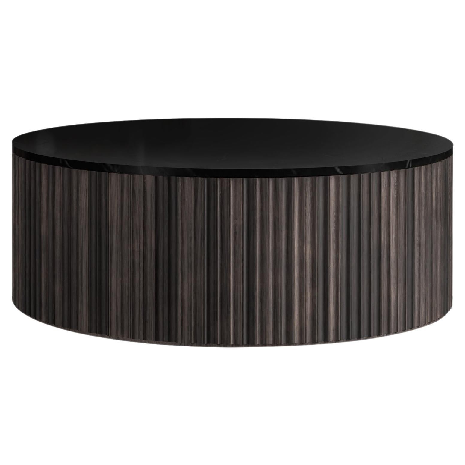 Pilar Round Coffee Table / Oxidized Oak Wood, Nero Marquina Marble Top by INDO-