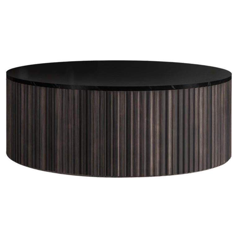 Pilar Round Coffee Table / Oxidized Oak Wood, Nero Marquina Marble Top by INDO- For Sale