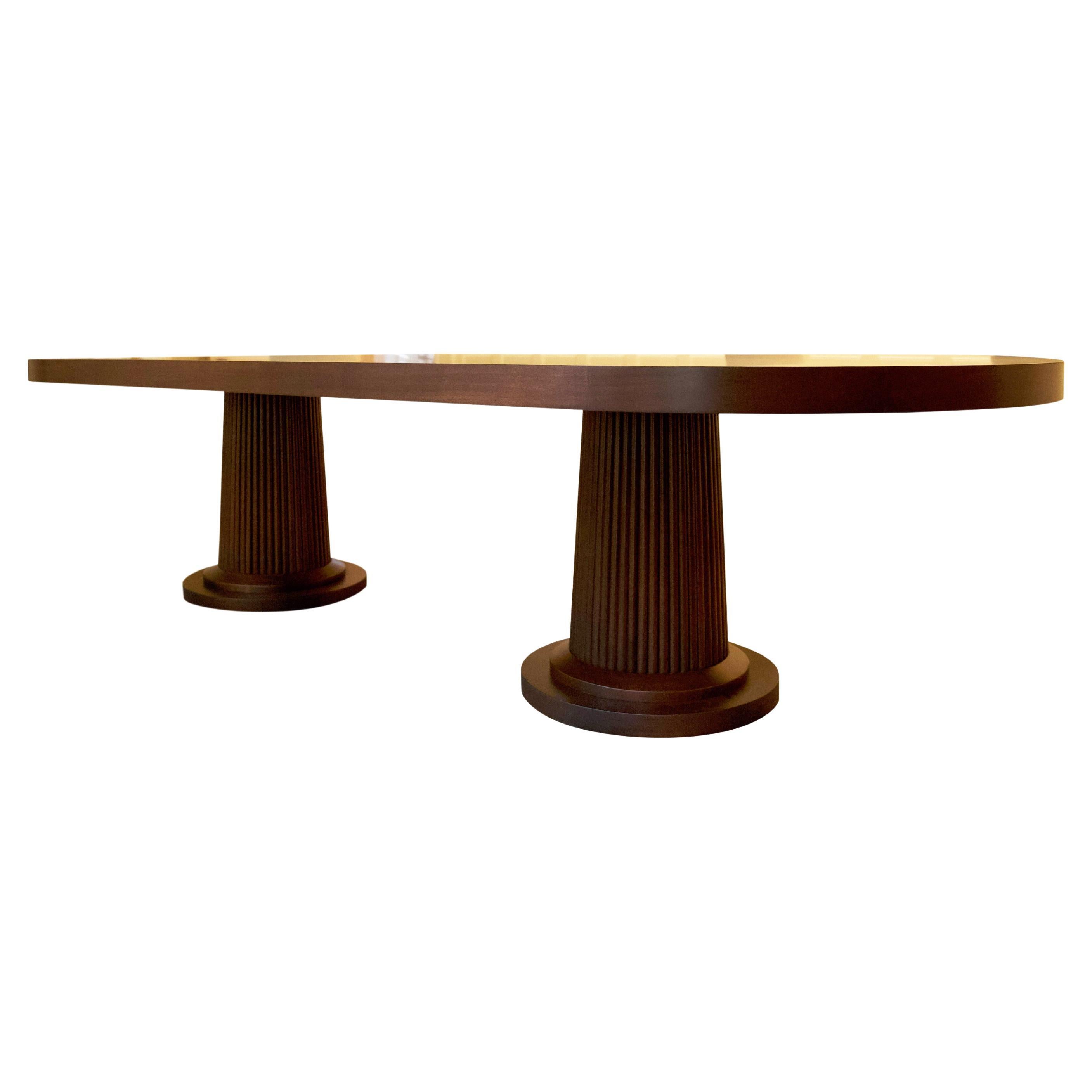 Fluted Columns Oval Single Piece Racetrack Top Mahogany Veneer Table