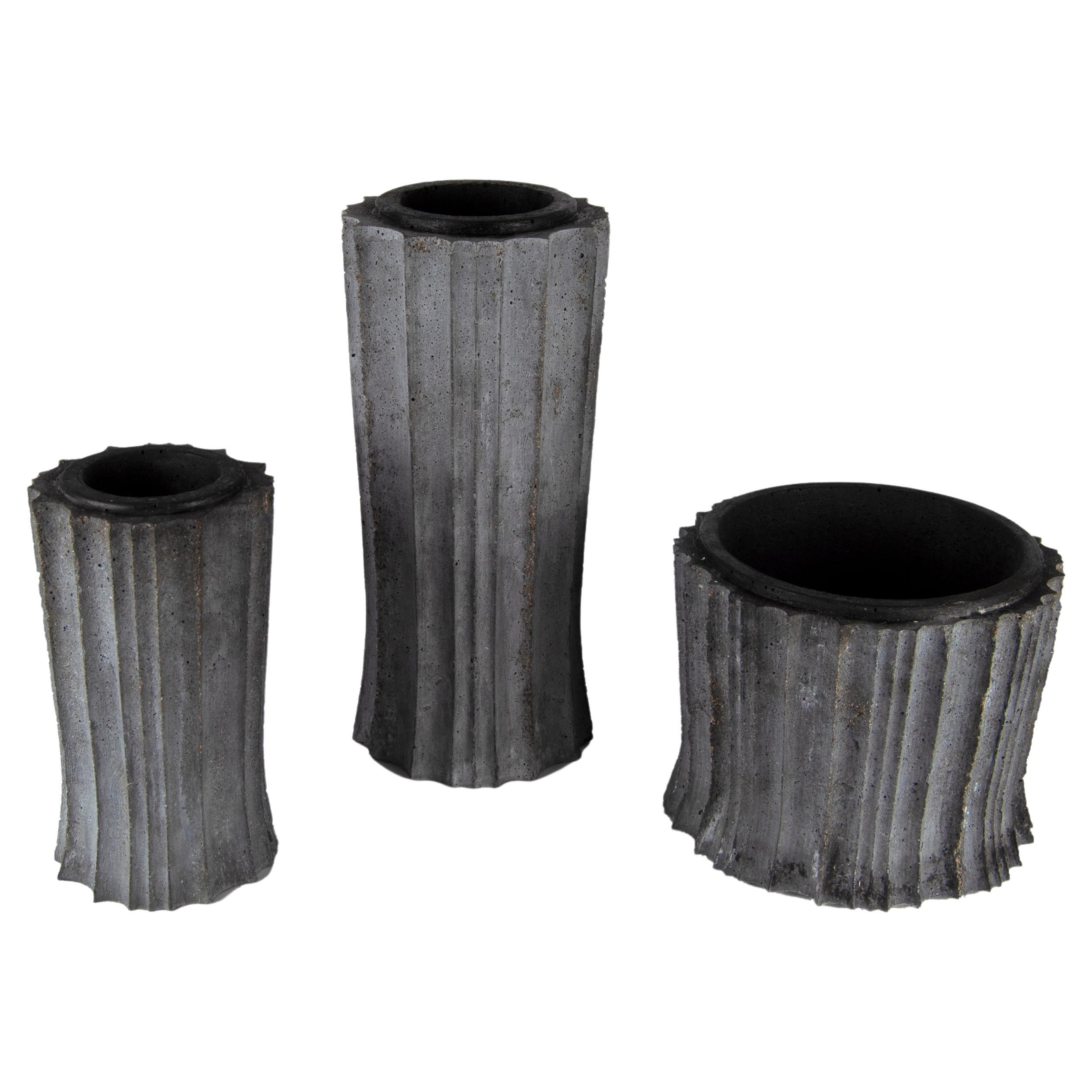 Fluted Concrete Vases / Vessels, 'Set of 3'
