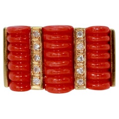 Fluted Coral Diamond Ring 14 Karat Yellow Gold