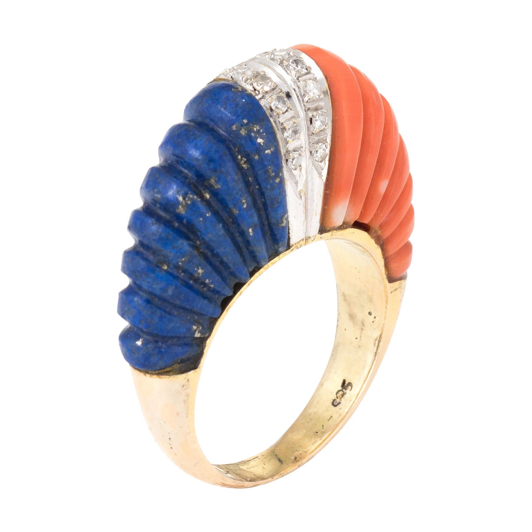 Fluted Coral Lapis Lazuli Diamond Dome Ring Vintage 14 Karat Gold Estate Fine