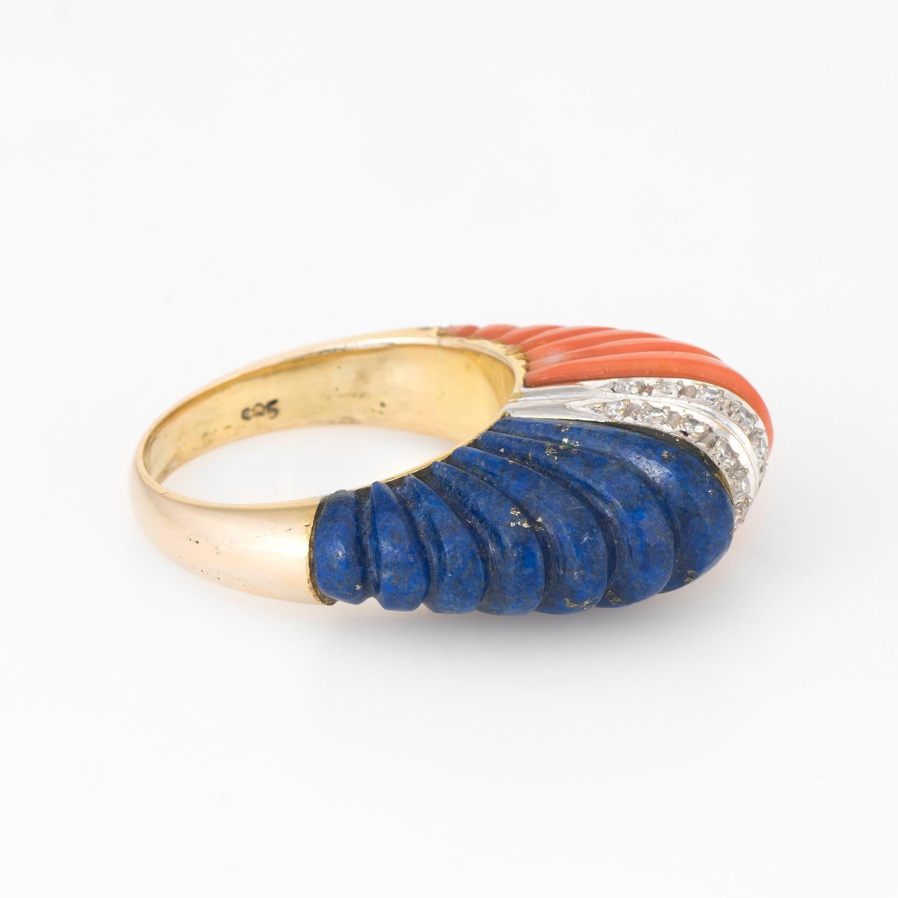 Modern Fluted Coral Lapis Lazuli Diamond Dome Ring Vintage 14 Karat Gold Estate Fine