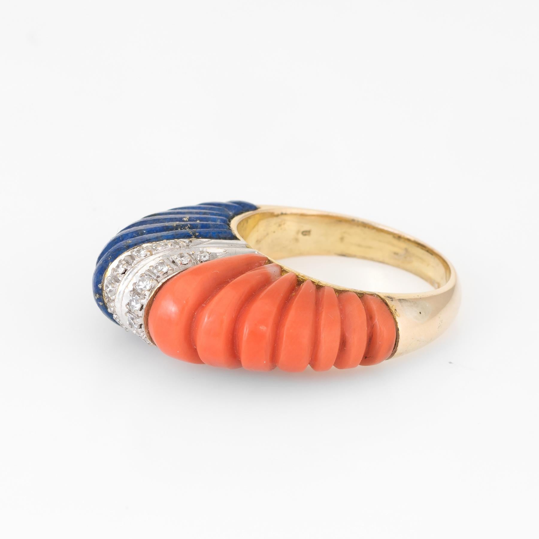 Fluted Coral Lapis Lazuli Diamond Dome Ring Vintage 14 Karat Gold Estate Fine In Excellent Condition In Torrance, CA