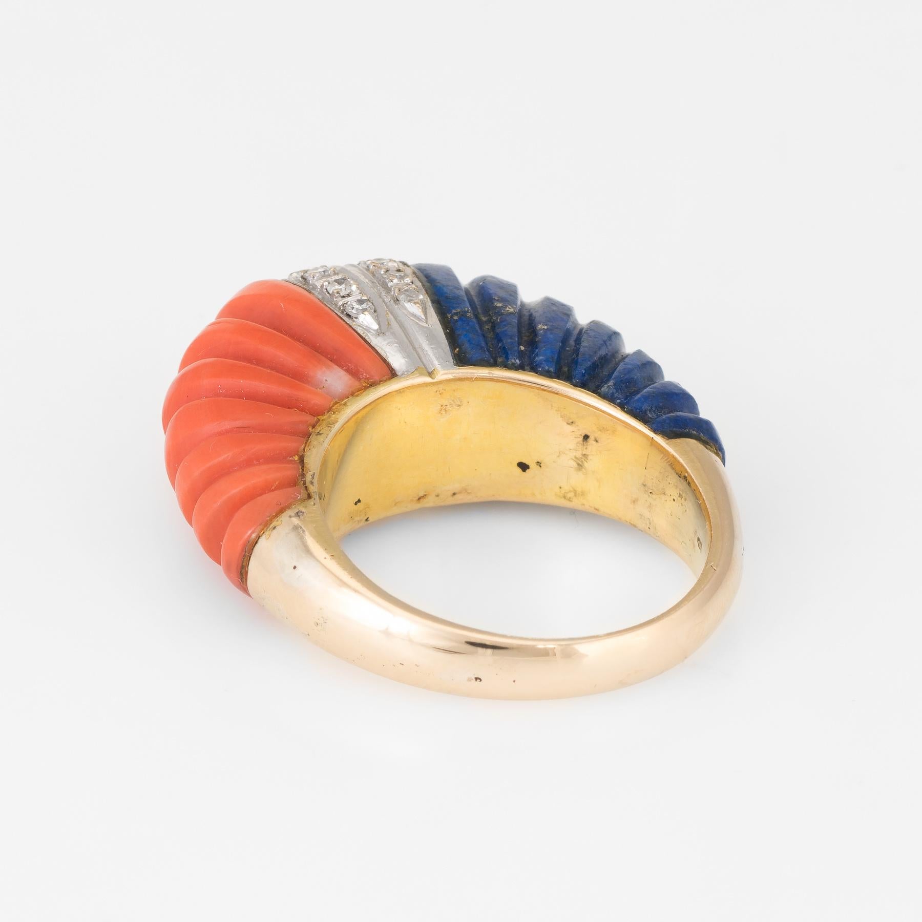 Women's Fluted Coral Lapis Lazuli Diamond Dome Ring Vintage 14 Karat Gold Estate Fine