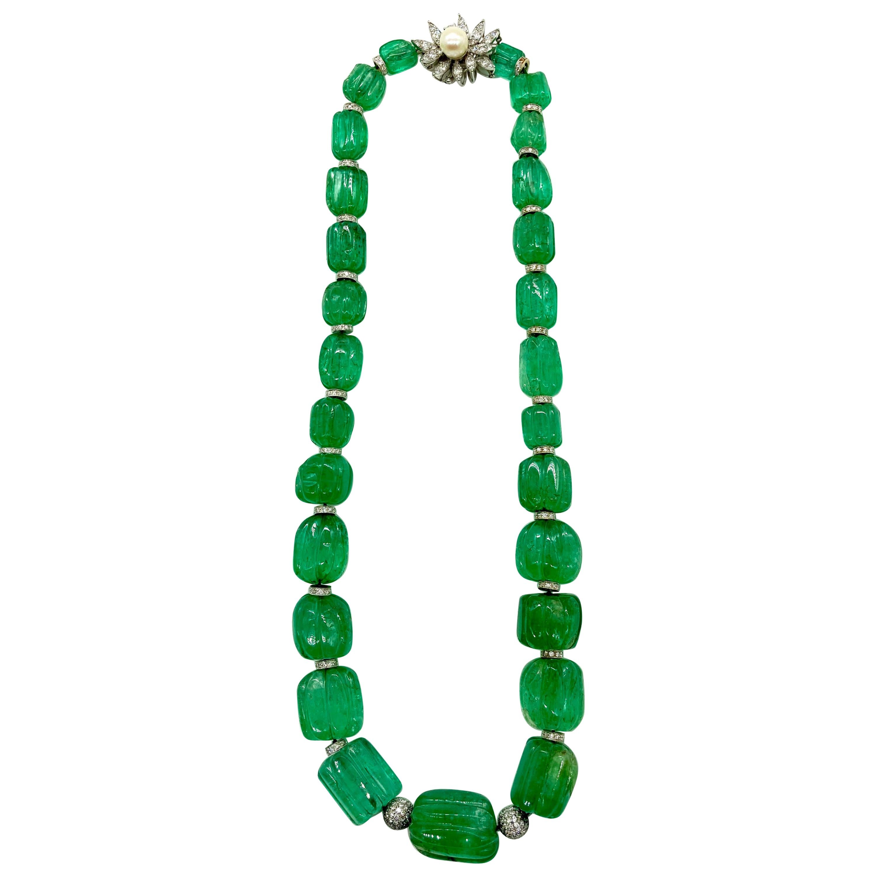 Fluted Emerald Bead and Diamond Necklace